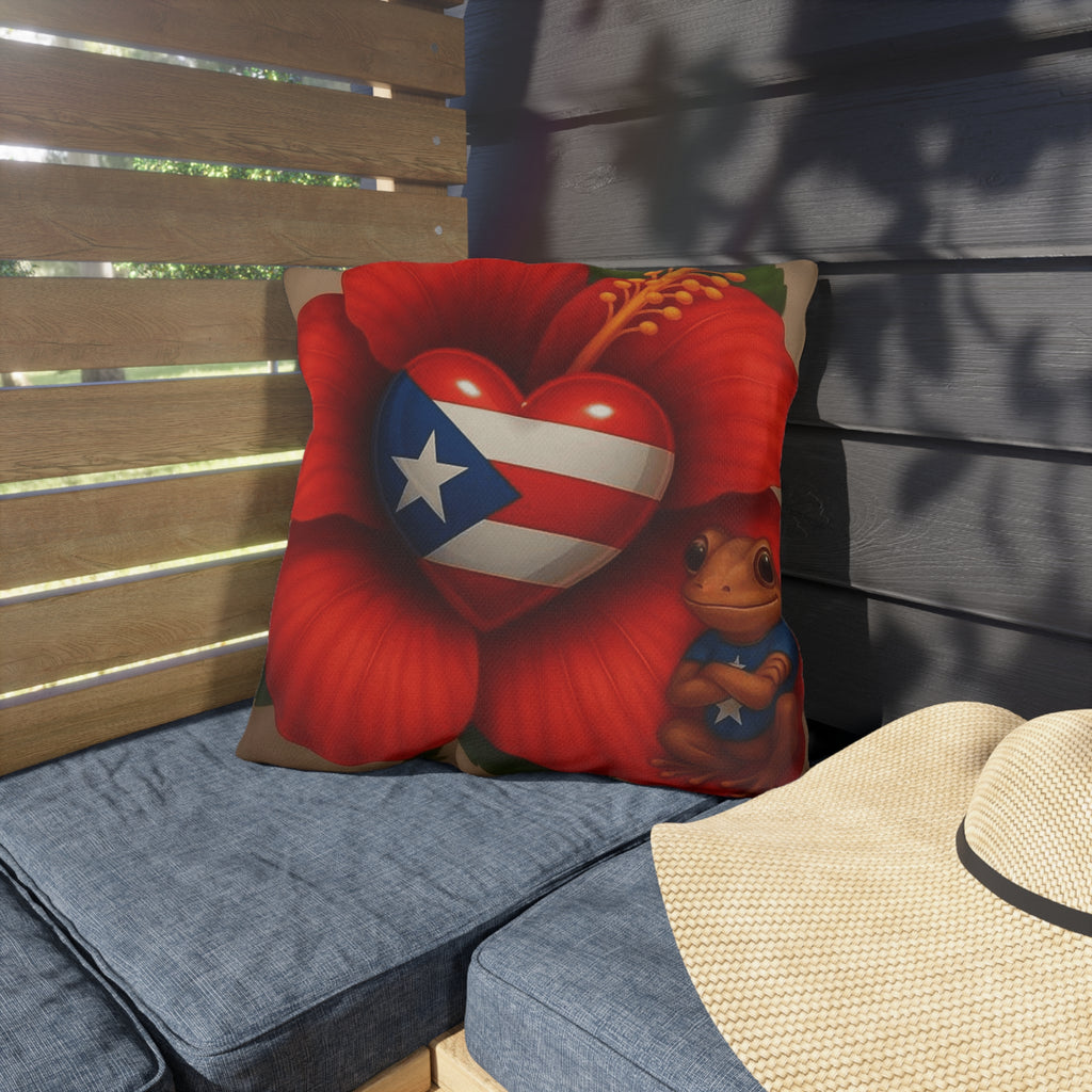Puerto Rico Heart Flag Outdoor Pillow — Coquí & Hibiscus Patio Cushion Puerto Rico Culture Pillow