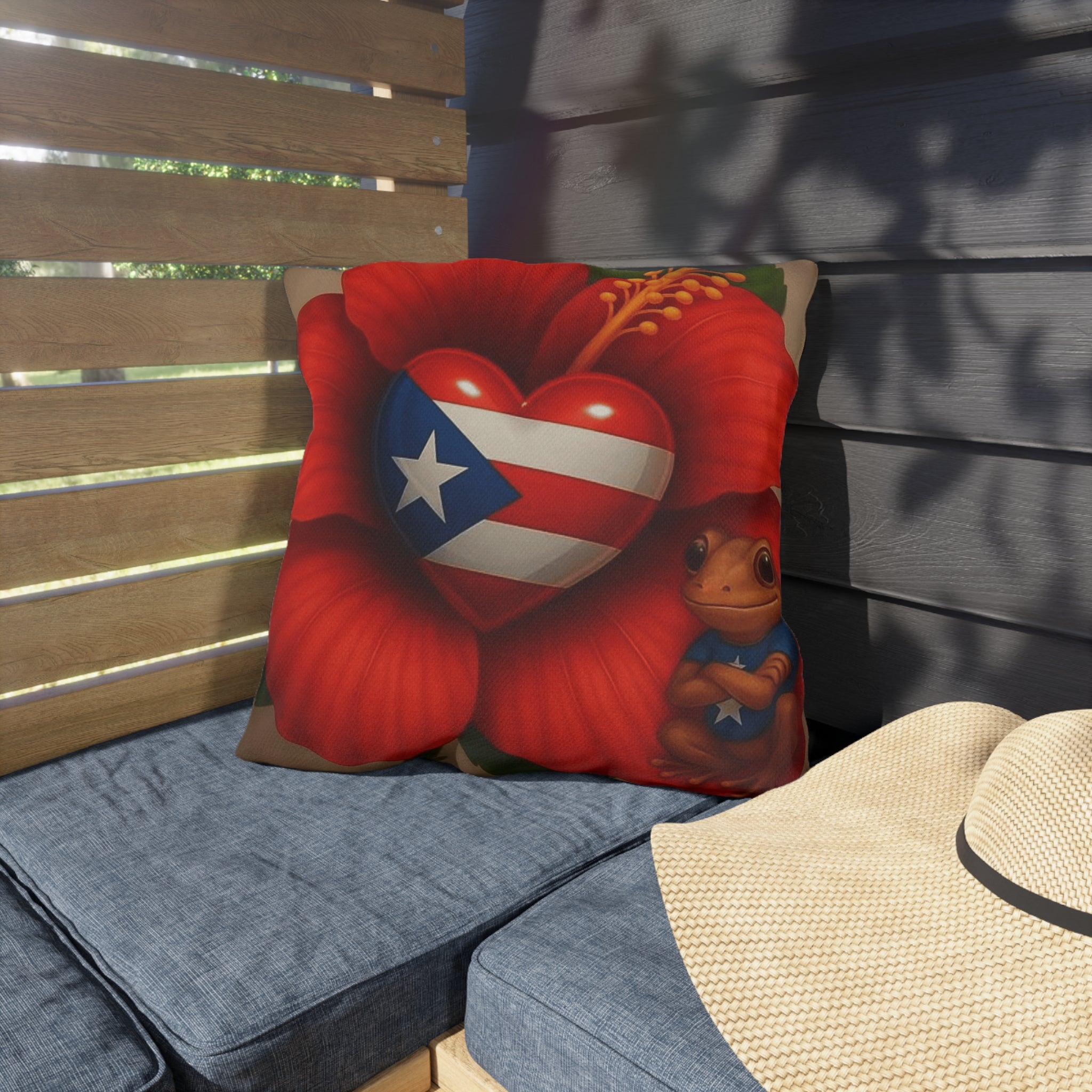 Puerto Rico Heart Flag Outdoor Pillow — Coquí & Hibiscus Patio Cushion Puerto Rico Culture Pillow