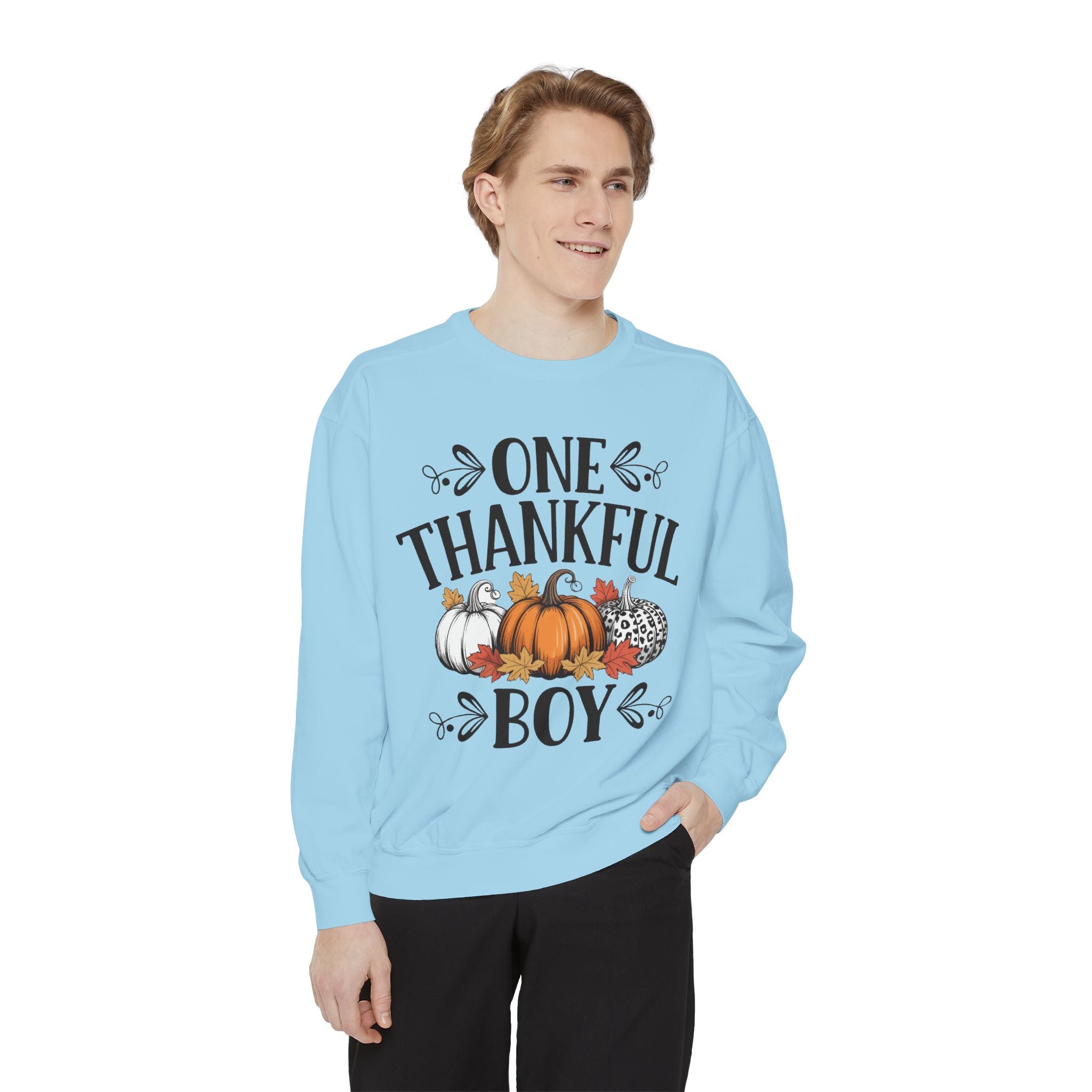 Thankful Boy Sweatshirt  Fall Pumpkin Thanksgiving Crewneck Fall T-Shirts and Sweatshirts Collection