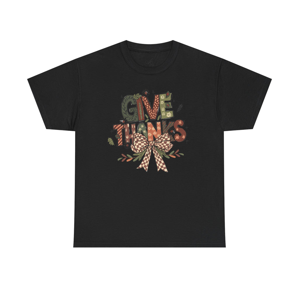 Give Thanks Tee Thanksgiving Graphic T-Shirt with Rustic Bow Design