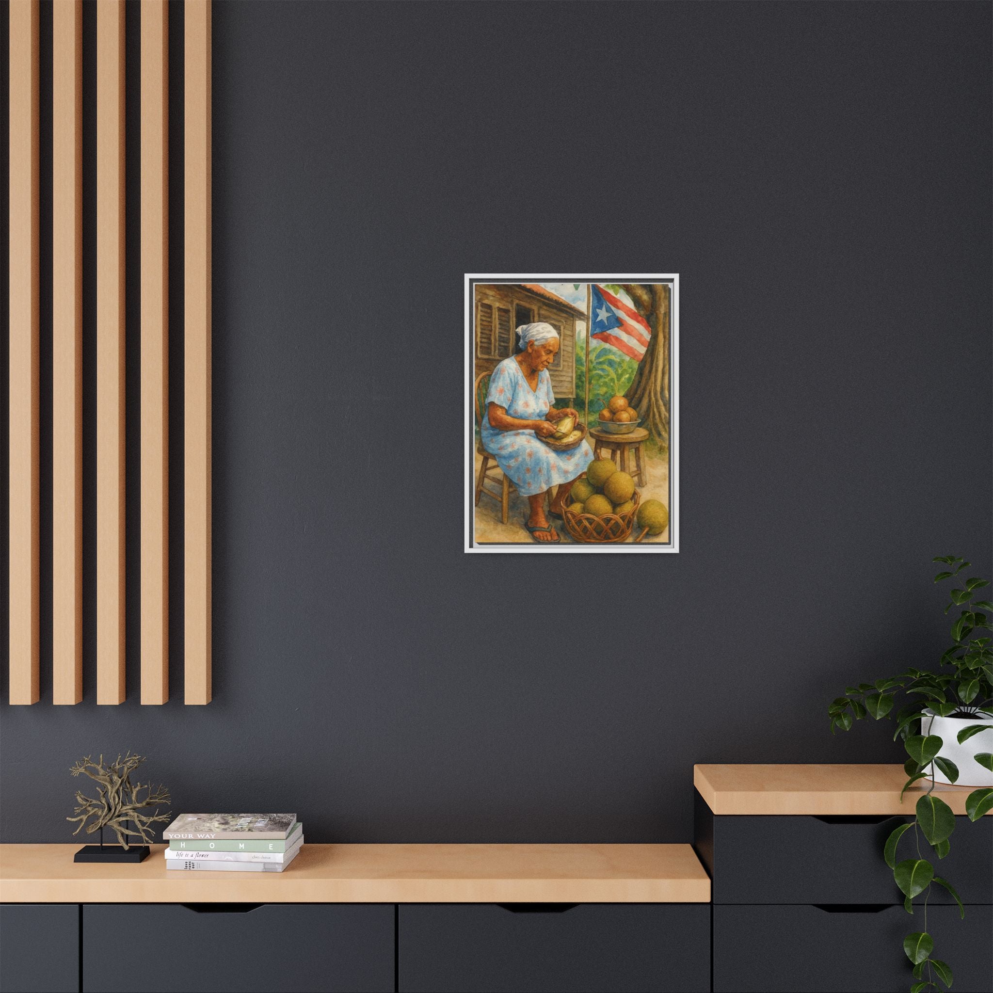 Cultural & Story-Driven These Puerto Rico inspired  Framed Matte Canvas Print  Woman Shelling Fruit Vintage Tropical Painting