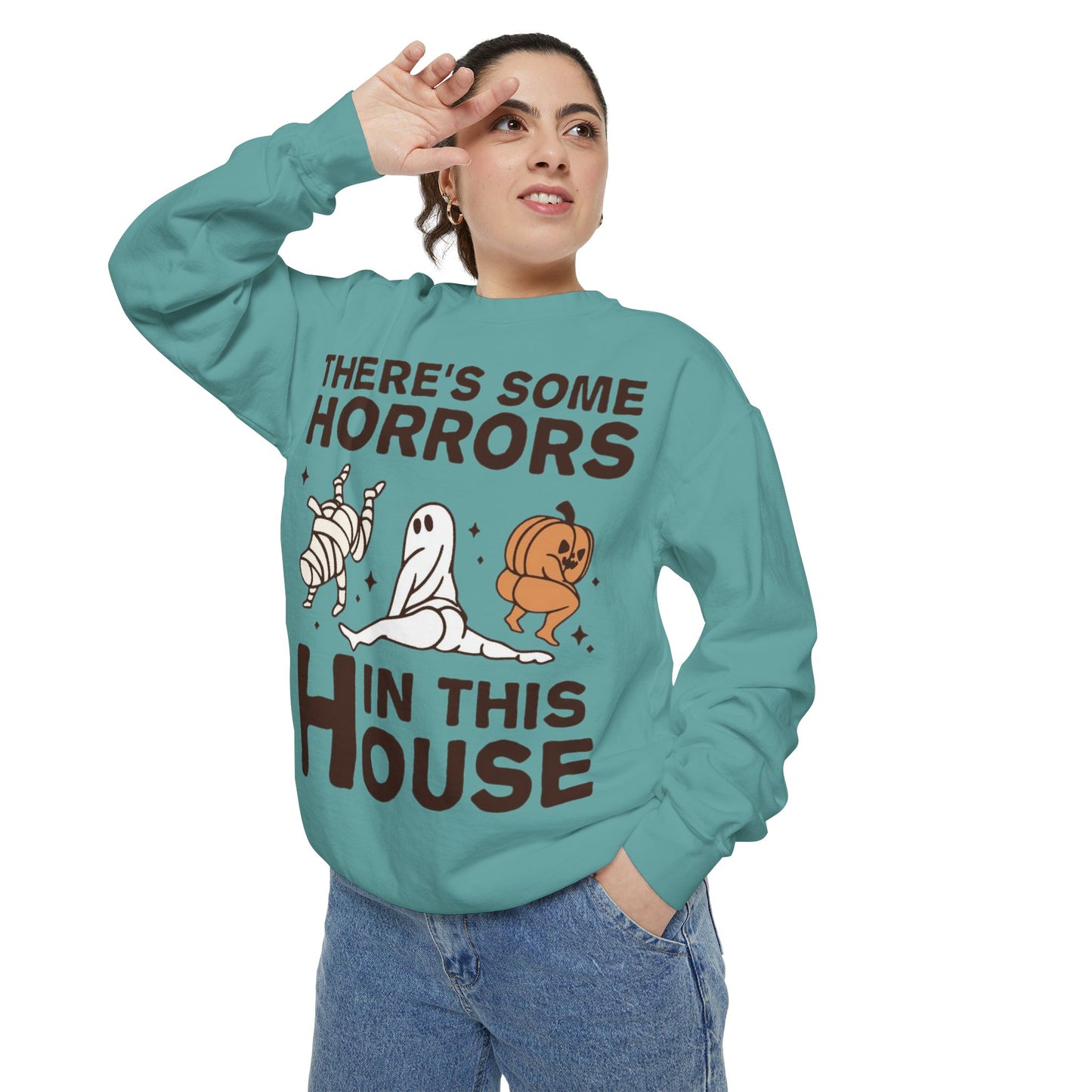 Halloween Themed Unisex Sweatshirt - Fun Ghosts & Mummy Design for Fall, Cozy Casual Wear, Halloween Party, Gift for Friends, Autumn Vibes