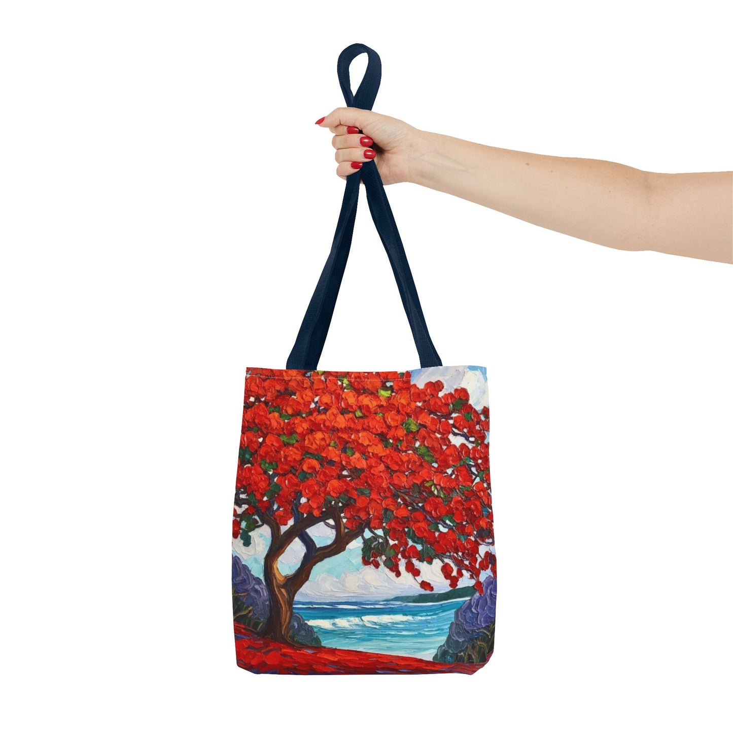 Red Blossom Beach Tote - Tropical Tree Art All-Over Print Tote Bag Crochet-Decorated Tote Bags