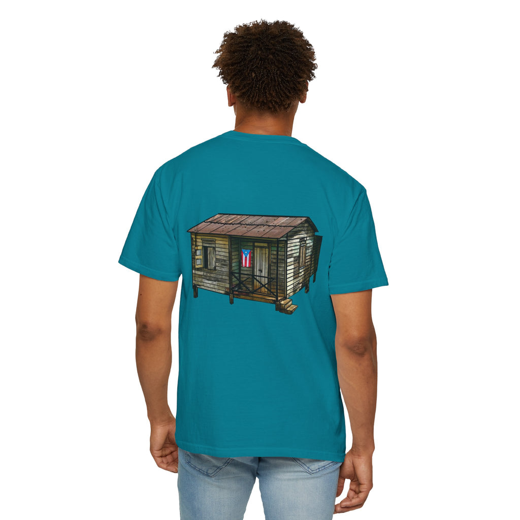 Puerto Rican Batey Cabin T-Shirt  Three Masks & Rustic House Graphic Tee Puerto Rico Navidades