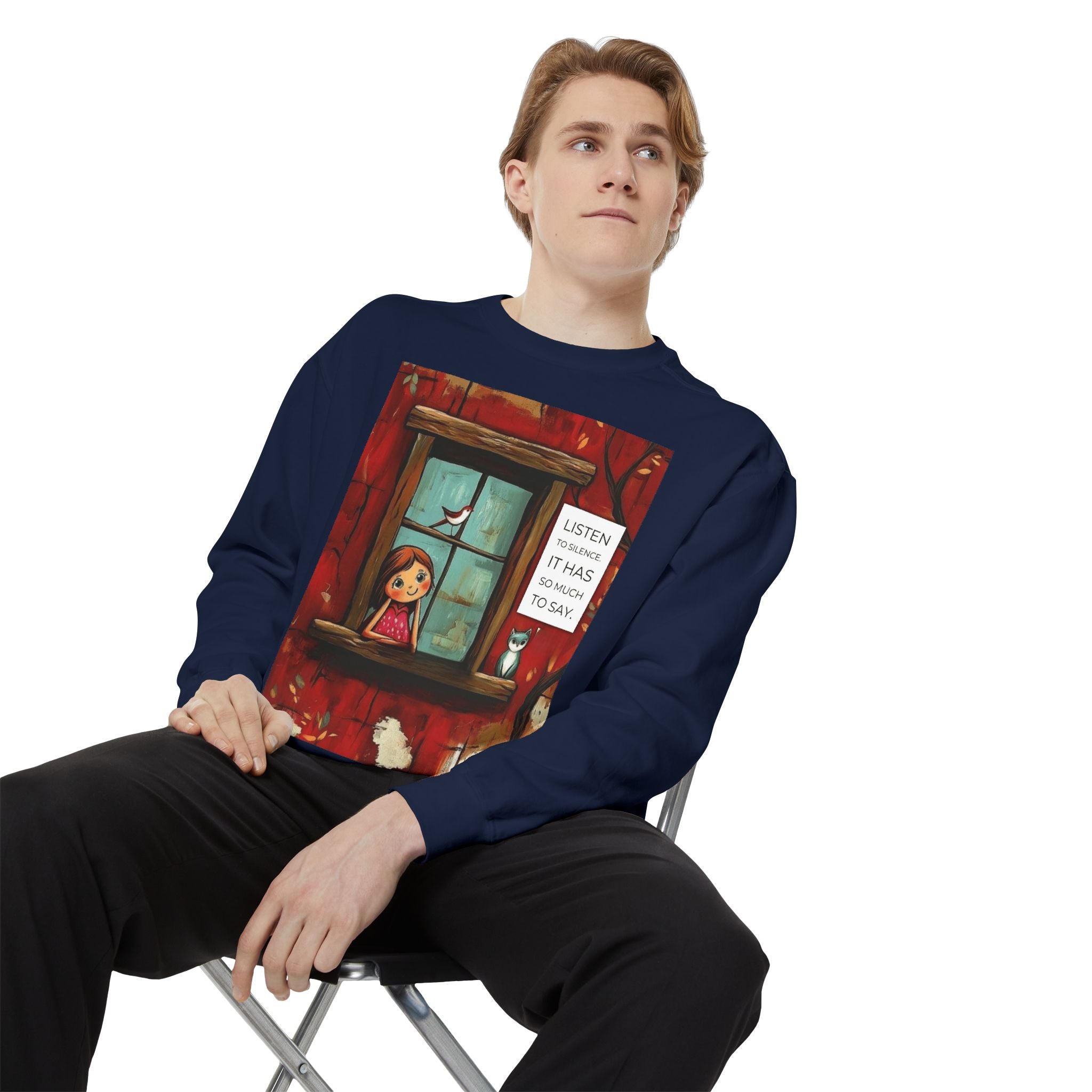 Cozy Window Scene Sweatshirt  "Listen, It Has So Much to Say" Graphic