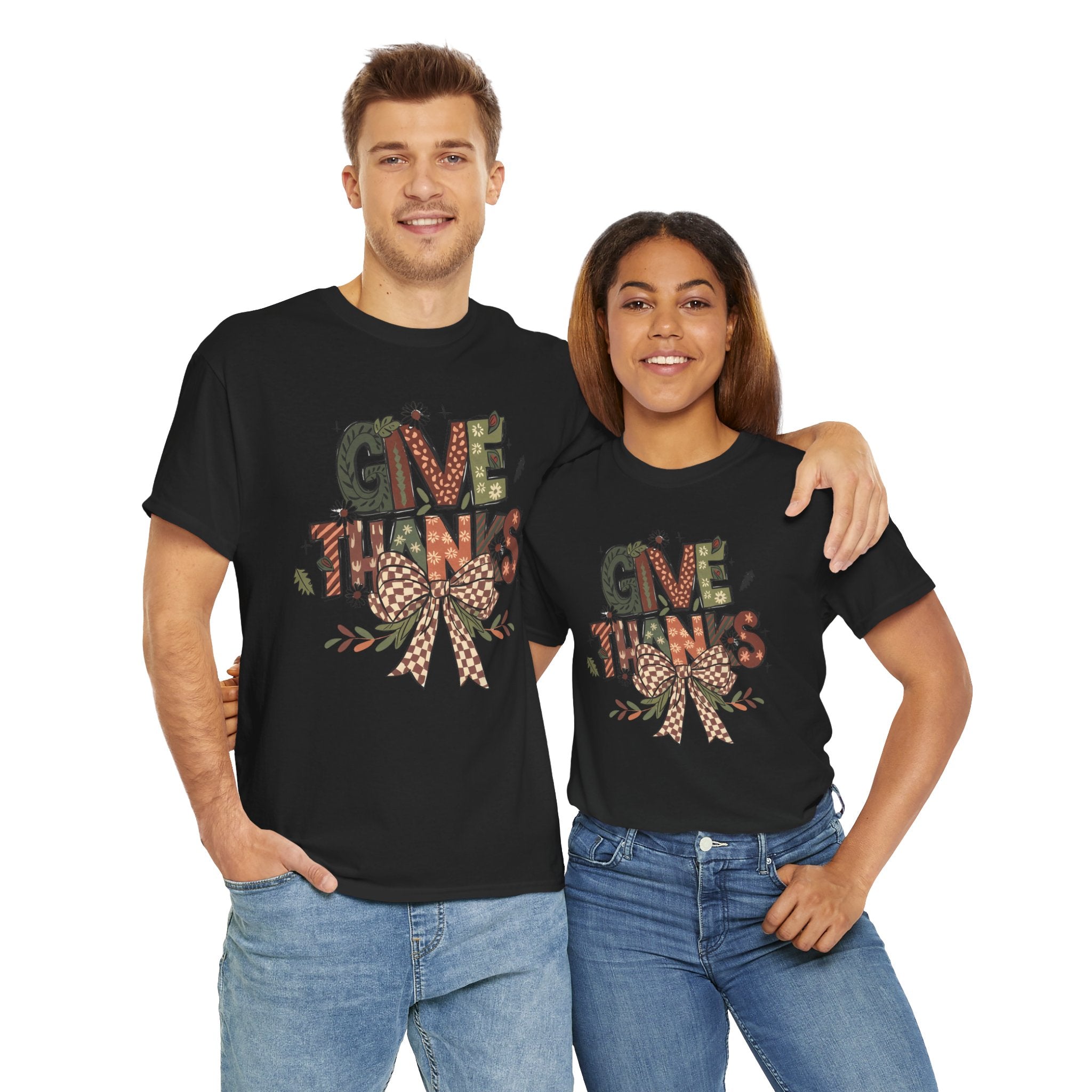 Give Thanks Tee Thanksgiving Graphic T-Shirt with Rustic Bow Design