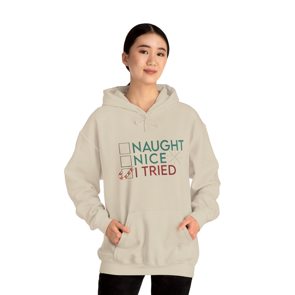 Holiday Hoodie — "Naughty, Nice, I Tried" Funny Christmas Sweatshirt