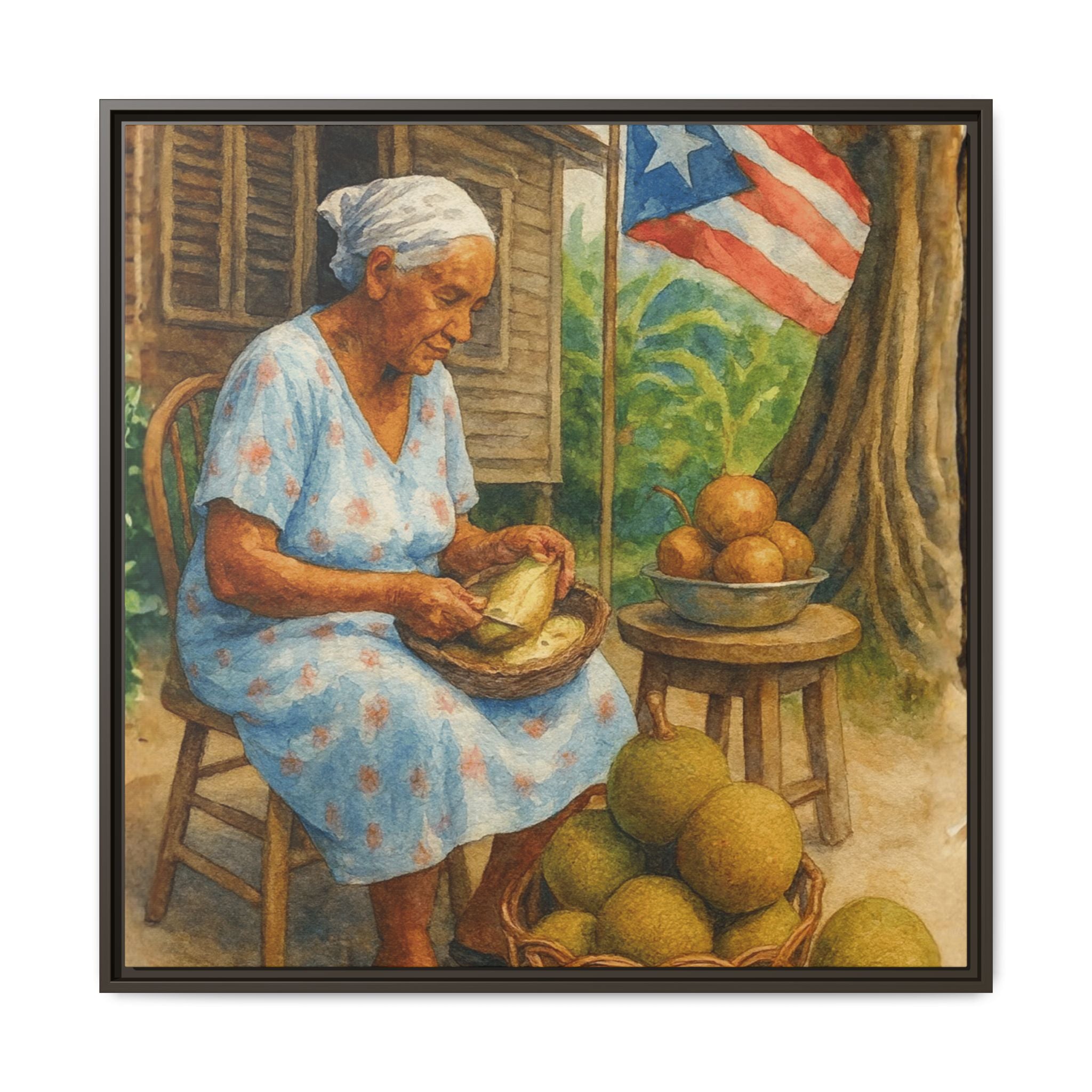 Cultural & Story-Driven These Puerto Rico inspired  Framed Matte Canvas Print  Woman Shelling Fruit Vintage Tropical Painting