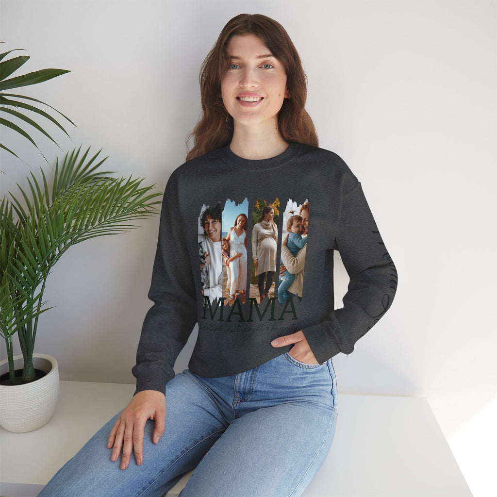 Mama Photo Collage Sweatshirt — "MAMA: clothed in strength & dignity" Sleeve Script
