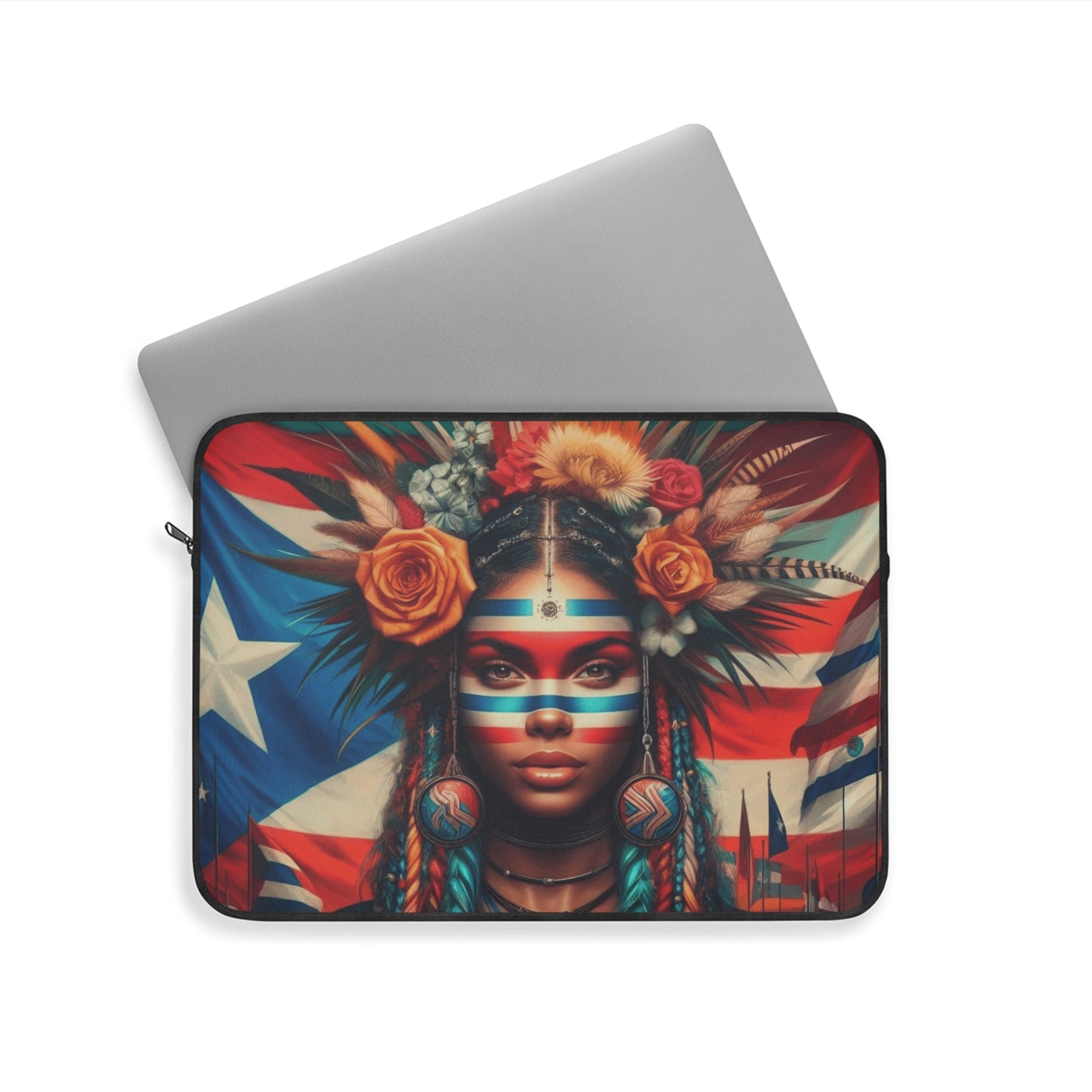 Puerto Rican Pride Laptop Sleeve — Floral Headdress & Flag Artwork