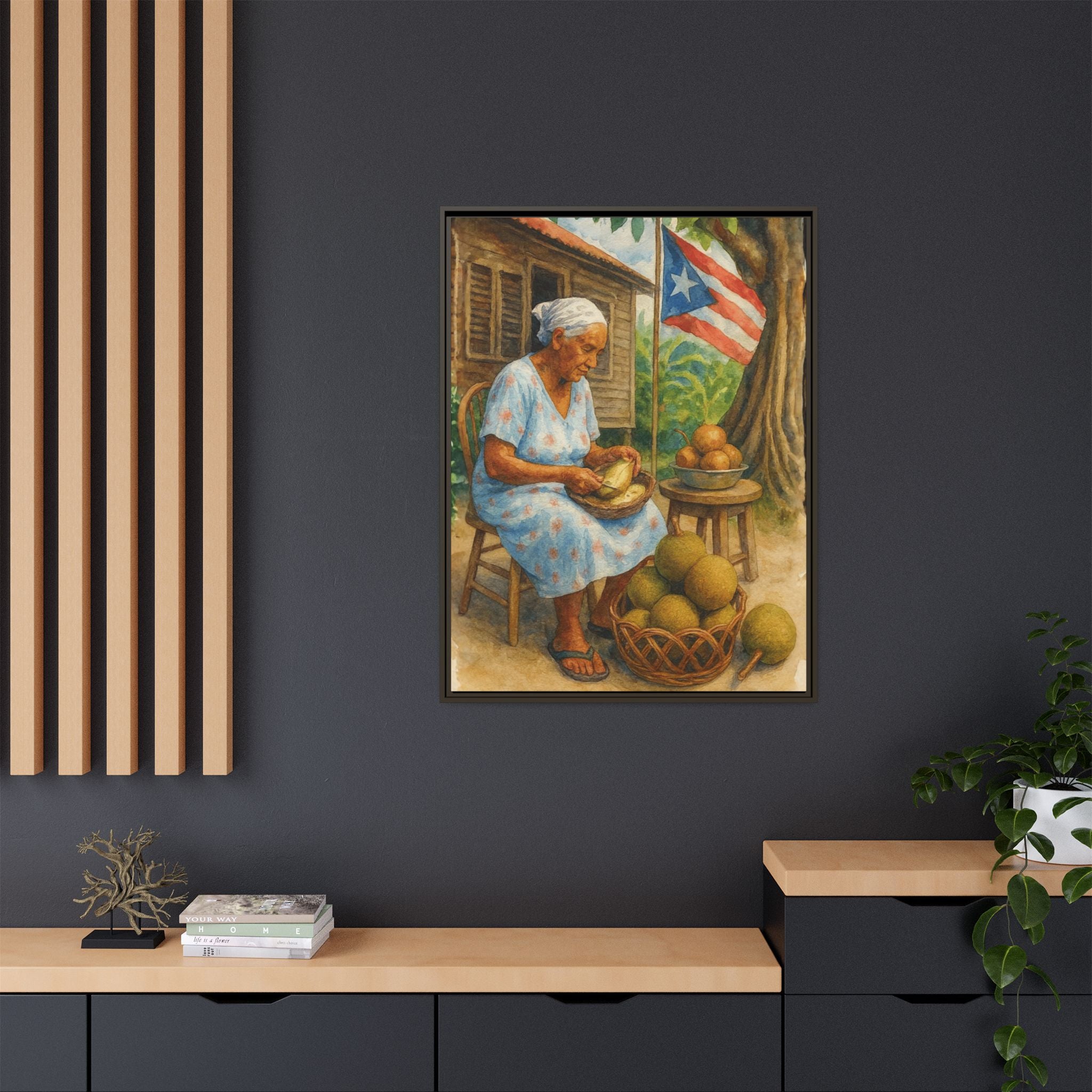Cultural & Story-Driven These Puerto Rico inspired  Framed Matte Canvas Print  Woman Shelling Fruit Vintage Tropical Painting