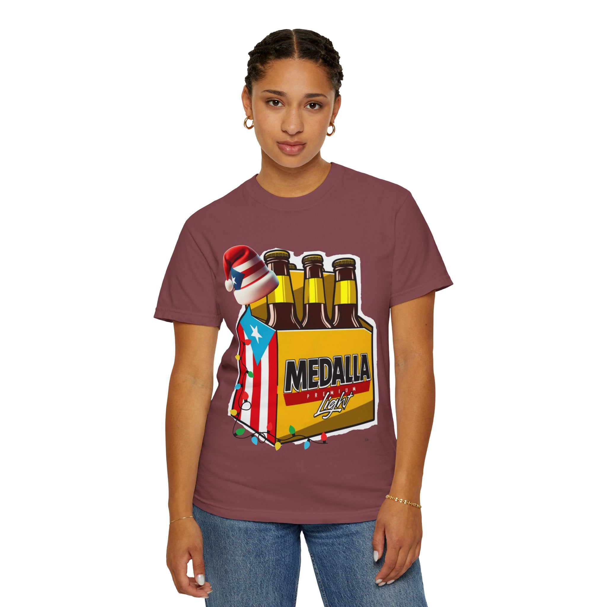 Medalla Light Beer T-Shirt  Navidad Boricua Holiday Tee Puerto Rico’s Navidades