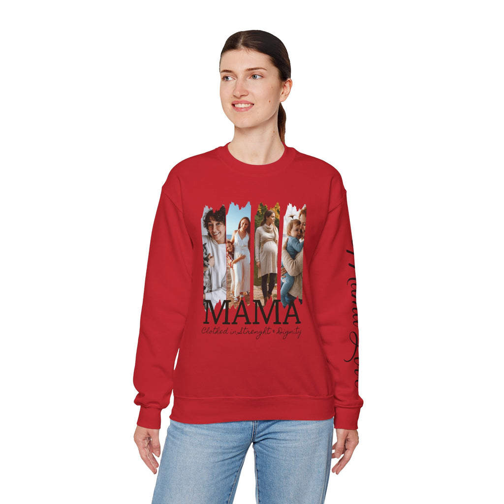 Mama Photo Collage Sweatshirt — "MAMA: clothed in strength & dignity" Sleeve Script