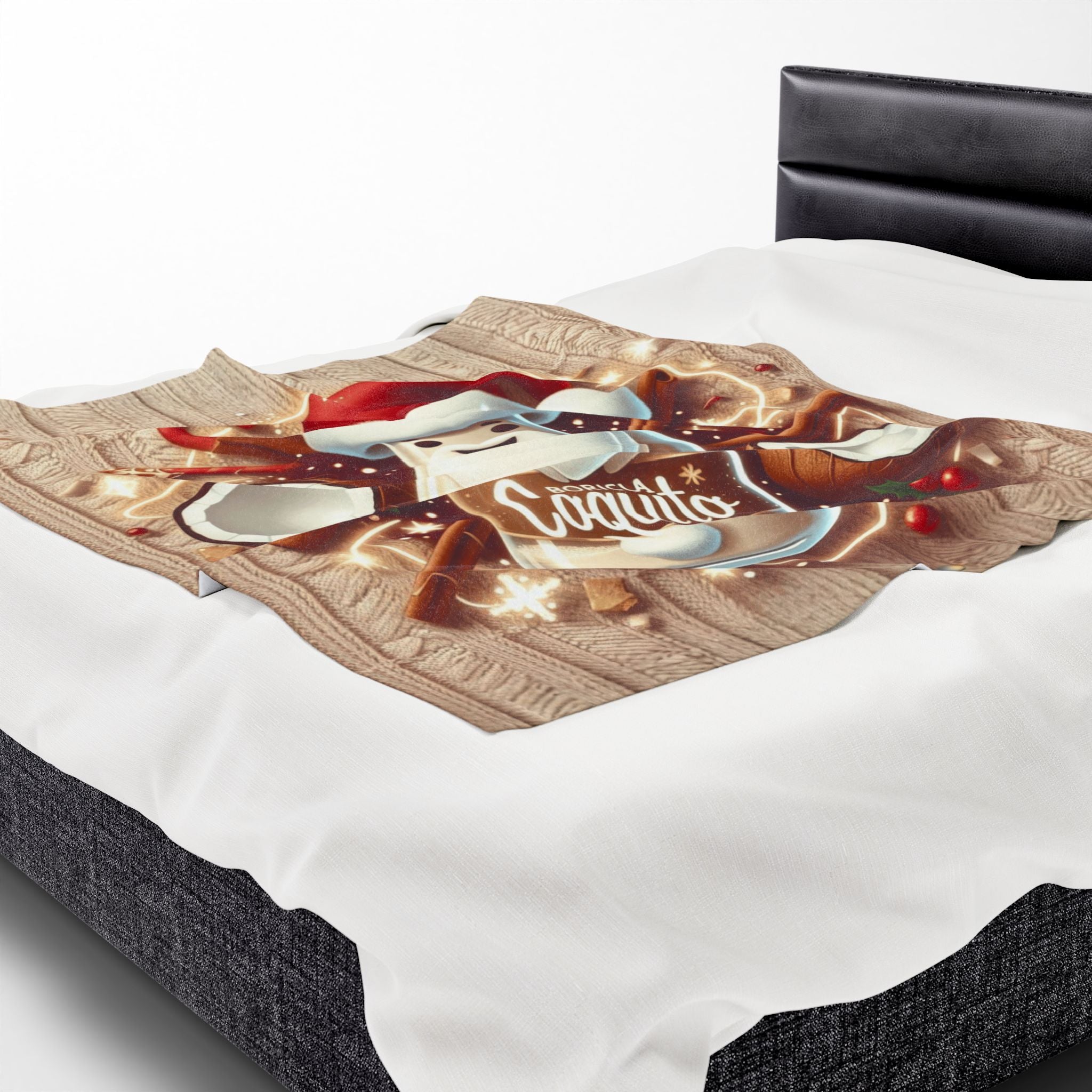 Coquito Santa Velveteen Plush Blanket Holiday Puerto Rican Coquito Design