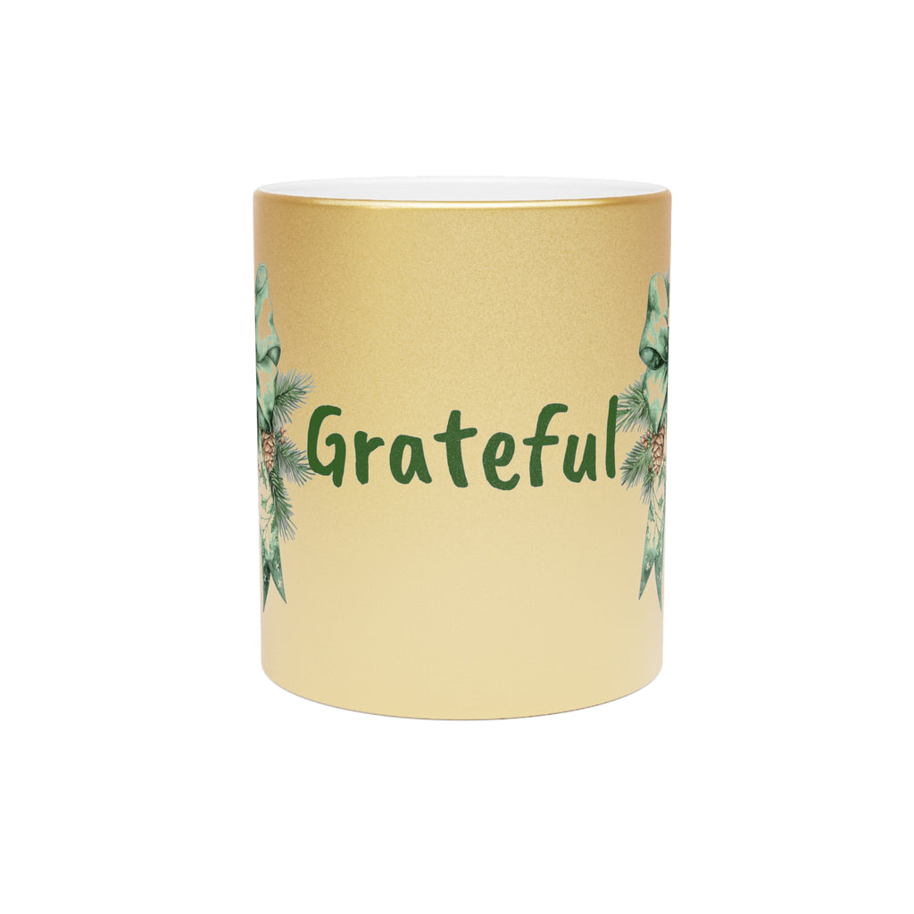 Grateful Holiday Metallic Mug - Silver/Gold with Festive Bow Design