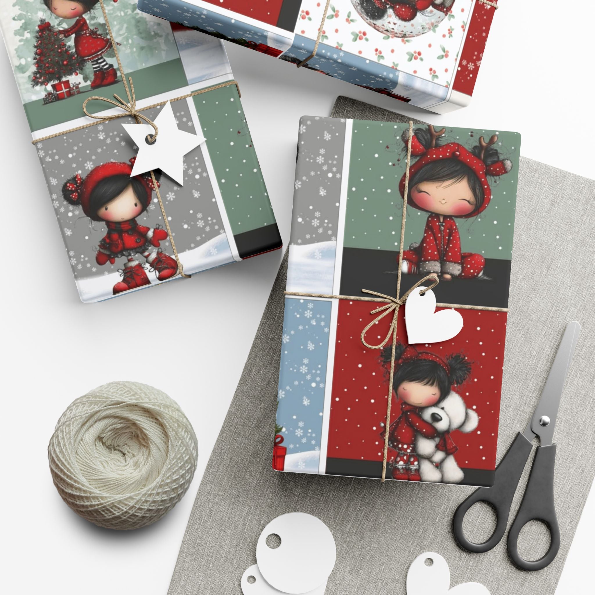 Festive Wrapping Paper Gift Wrap Papers - Cute Holiday Girl Patterned Wrapping Paper Rolls (Snow, Red Bows)