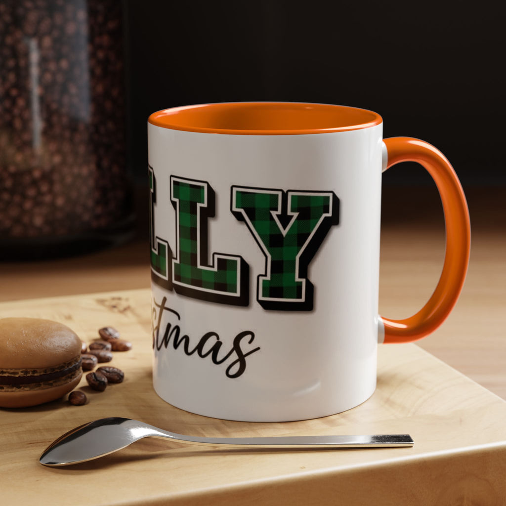 Holly Christmas Accent Coffee Mug — Green Plaid Holiday Gift (11/15oz)