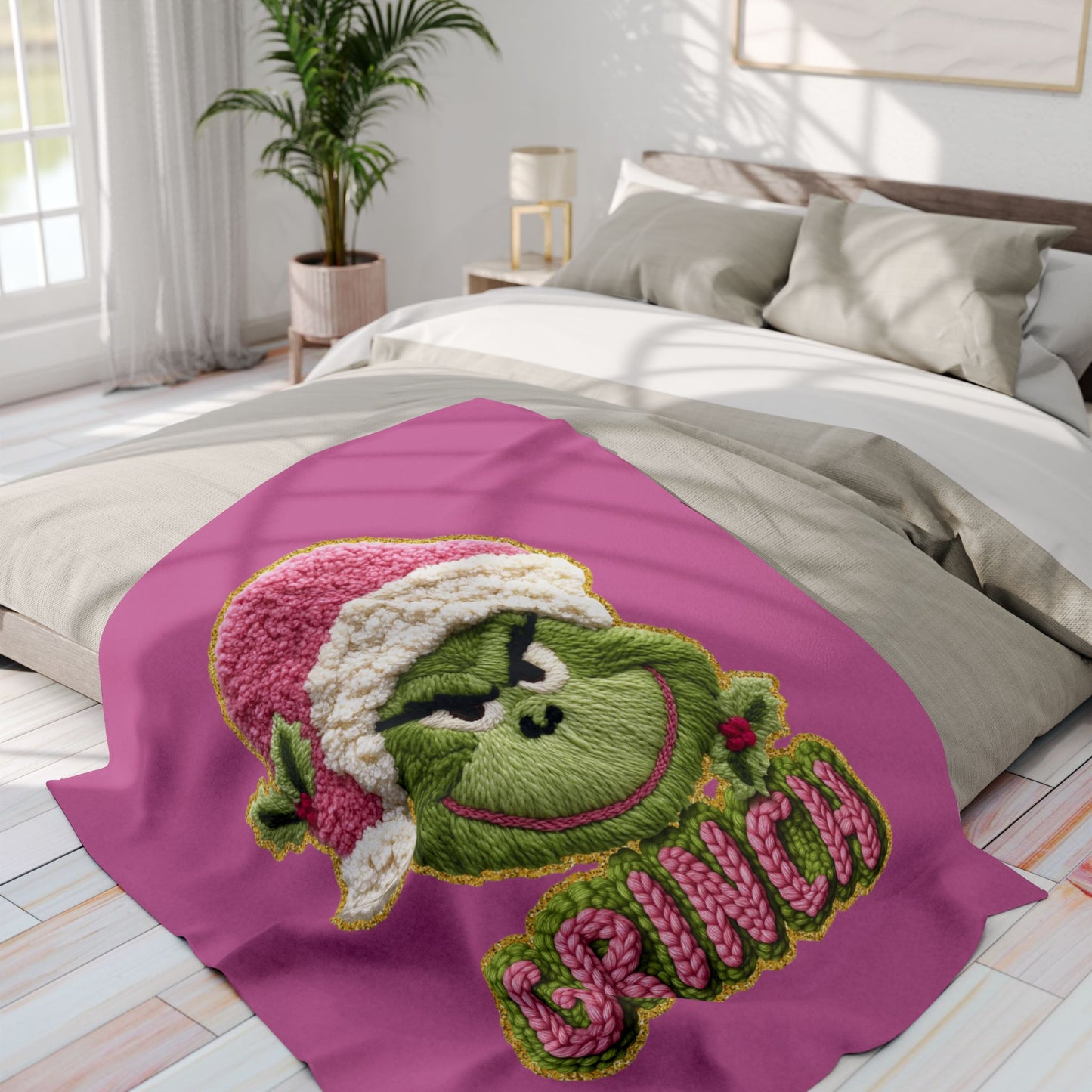 Holiday Christmas Blanket Grinch Holiday Fleece Blanket — Pink Santa Hat Cozy Throw