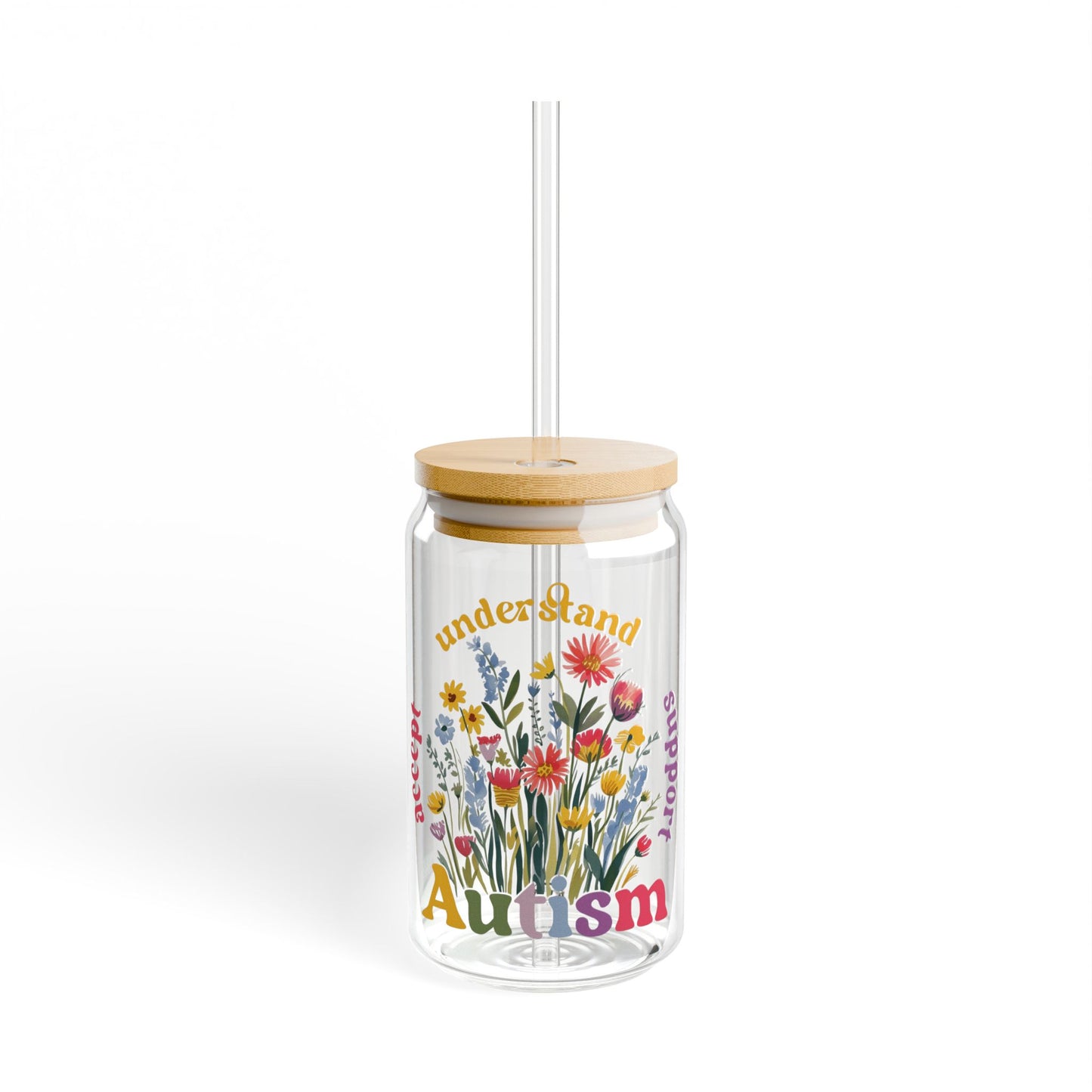 Autism Awareness & Pride Collection Floral Autism Awareness Sipper Glass - 16oz with Bamboo Lid