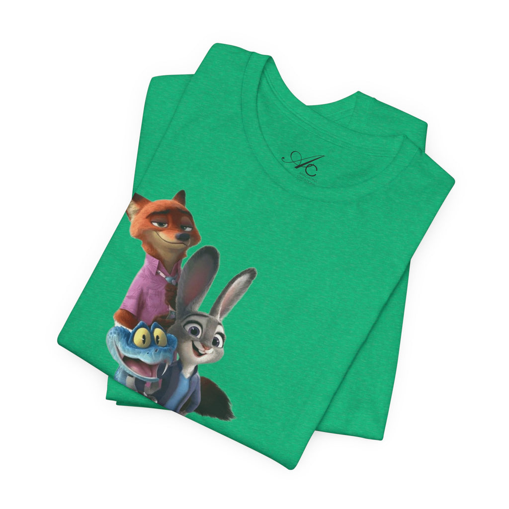 Animated Character Tee — Cute Fox & Bunny Stack Graphic T-Shirt  cartoon-style Christmas artwork