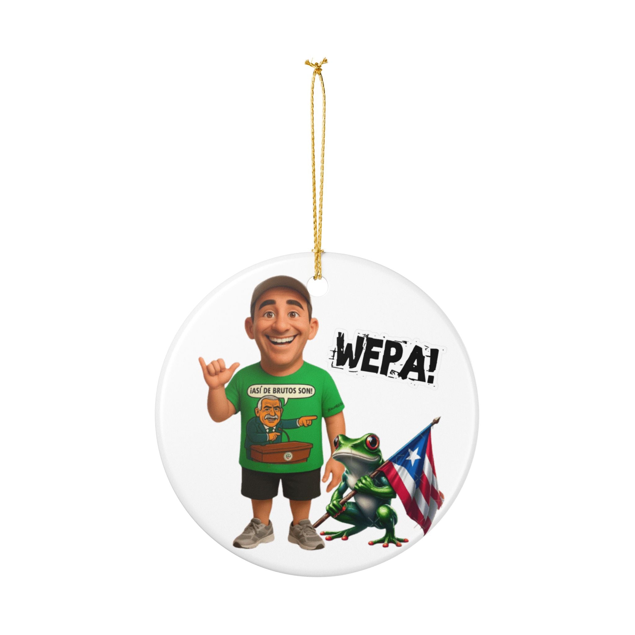 Puerto Rican Wepa! Ceramic Ornament Eliezer Molina & Coqui Frog with Flag