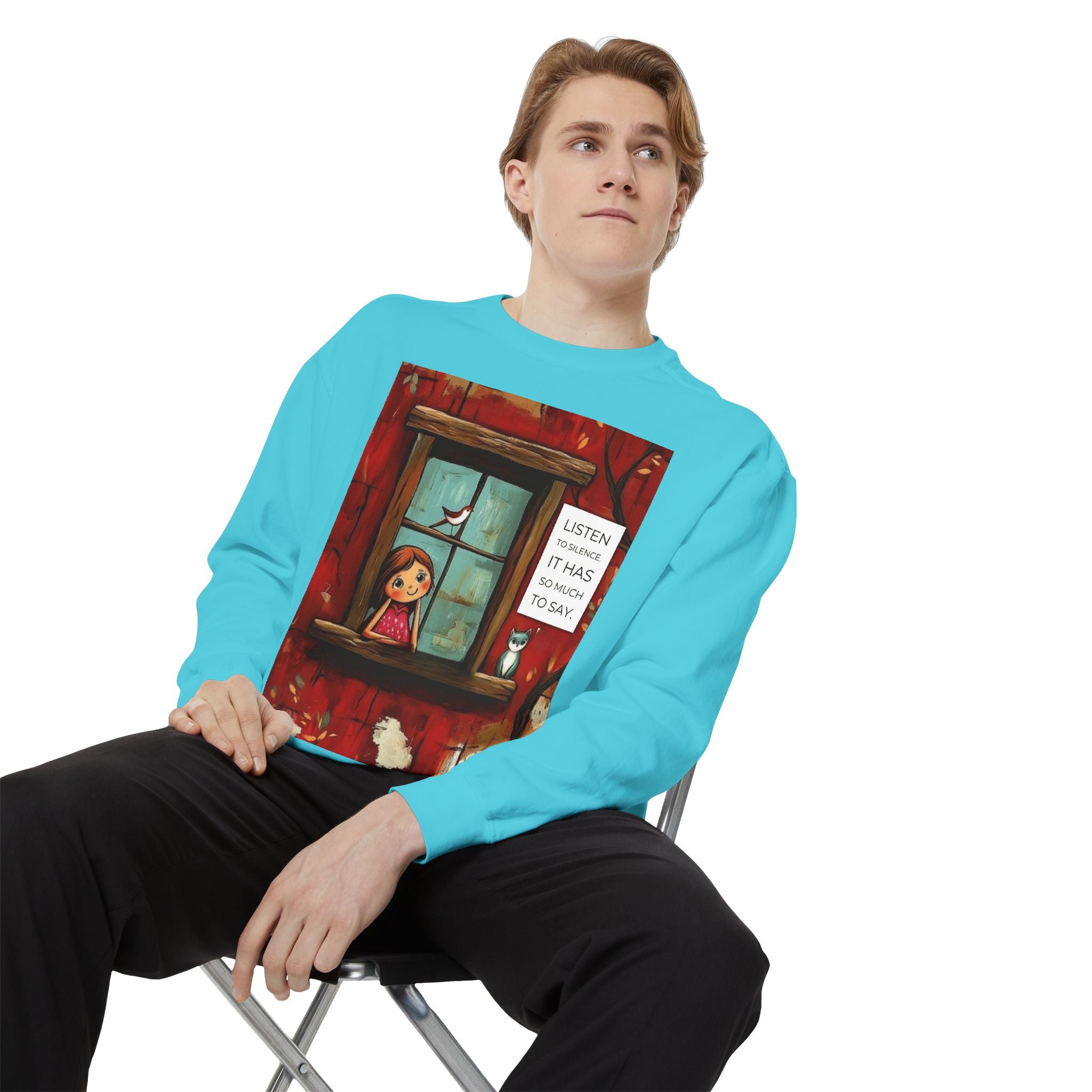 Cozy Window Scene Sweatshirt  "Listen, It Has So Much to Say" Graphic