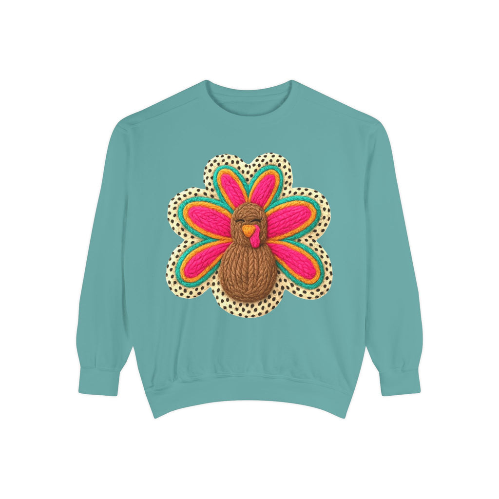 Festive Holiday Designs Turkey Patch Sweatshirt — Colorful Embroidered Thanksgiving Pullover