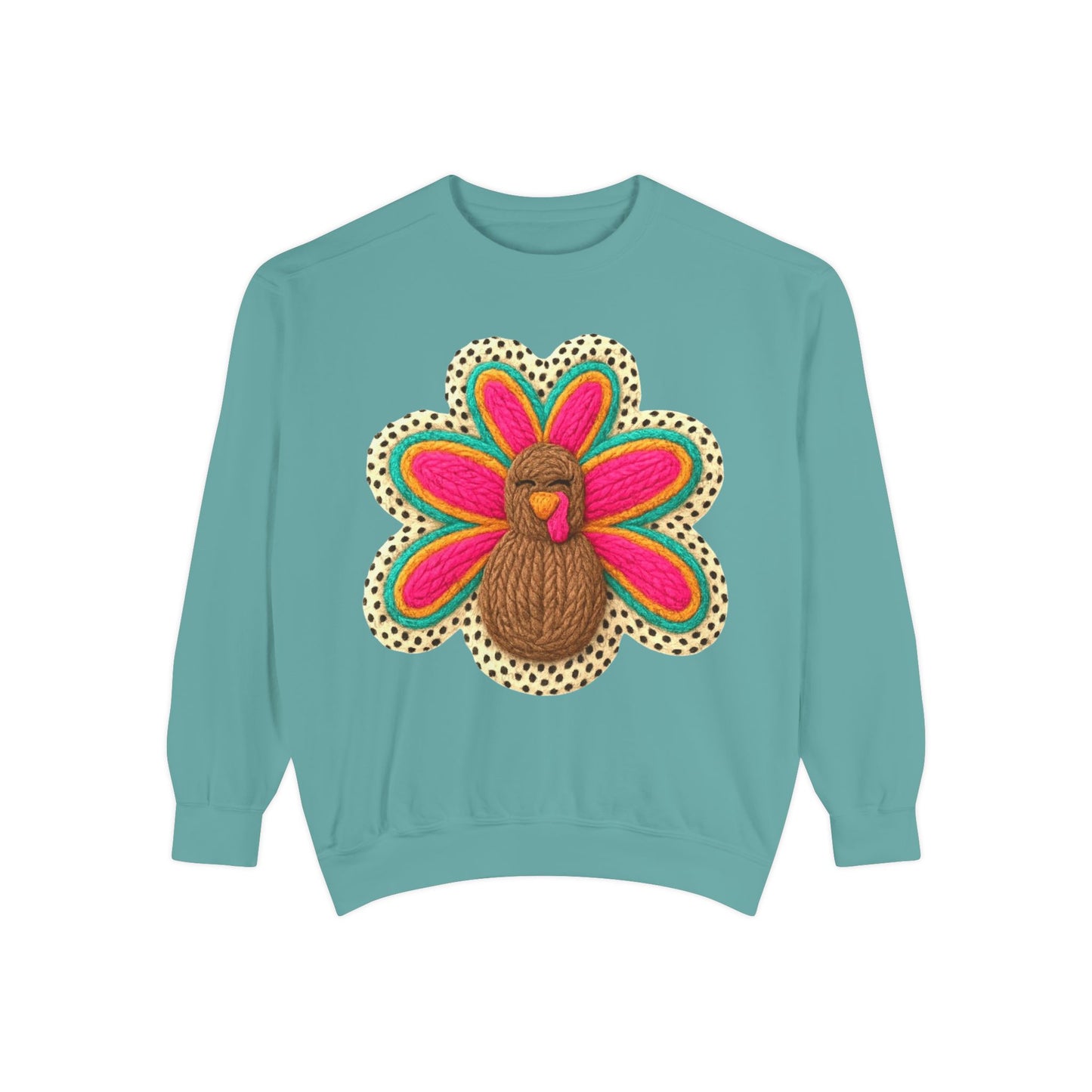 Festive Holiday Designs Turkey Patch Sweatshirt — Colorful Embroidered Thanksgiving Pullover