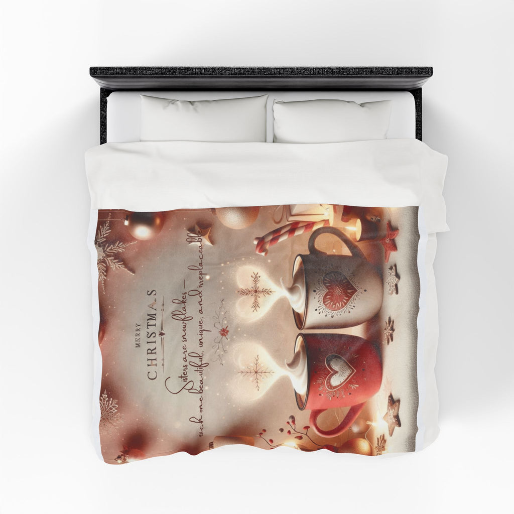 Christmas Hot Cocoa Velveteen Plush Blanket — "Merry Christmas: Sisters are snowflakes" Holiday Throw
