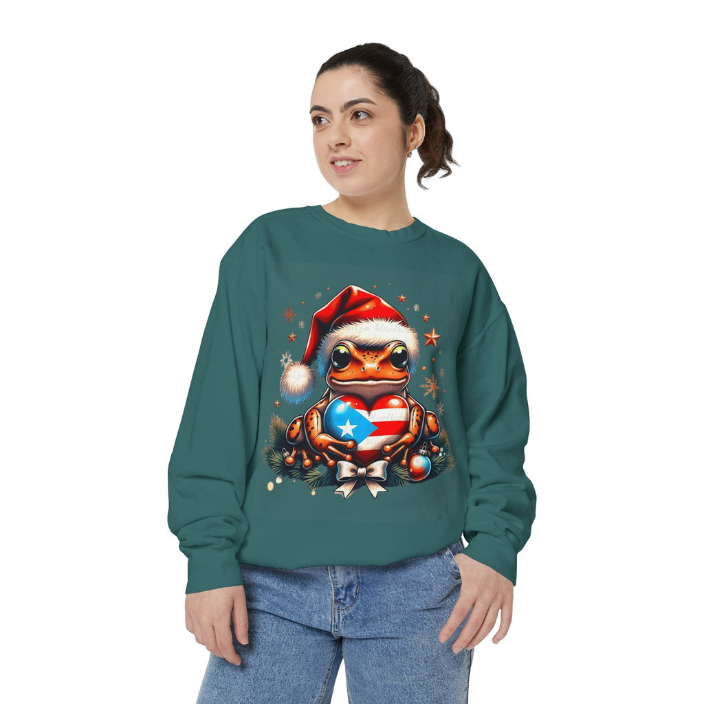 Christmas Coqui Sweatshirt — Cute Santa Frog Holding Ornament Holiday Sweater