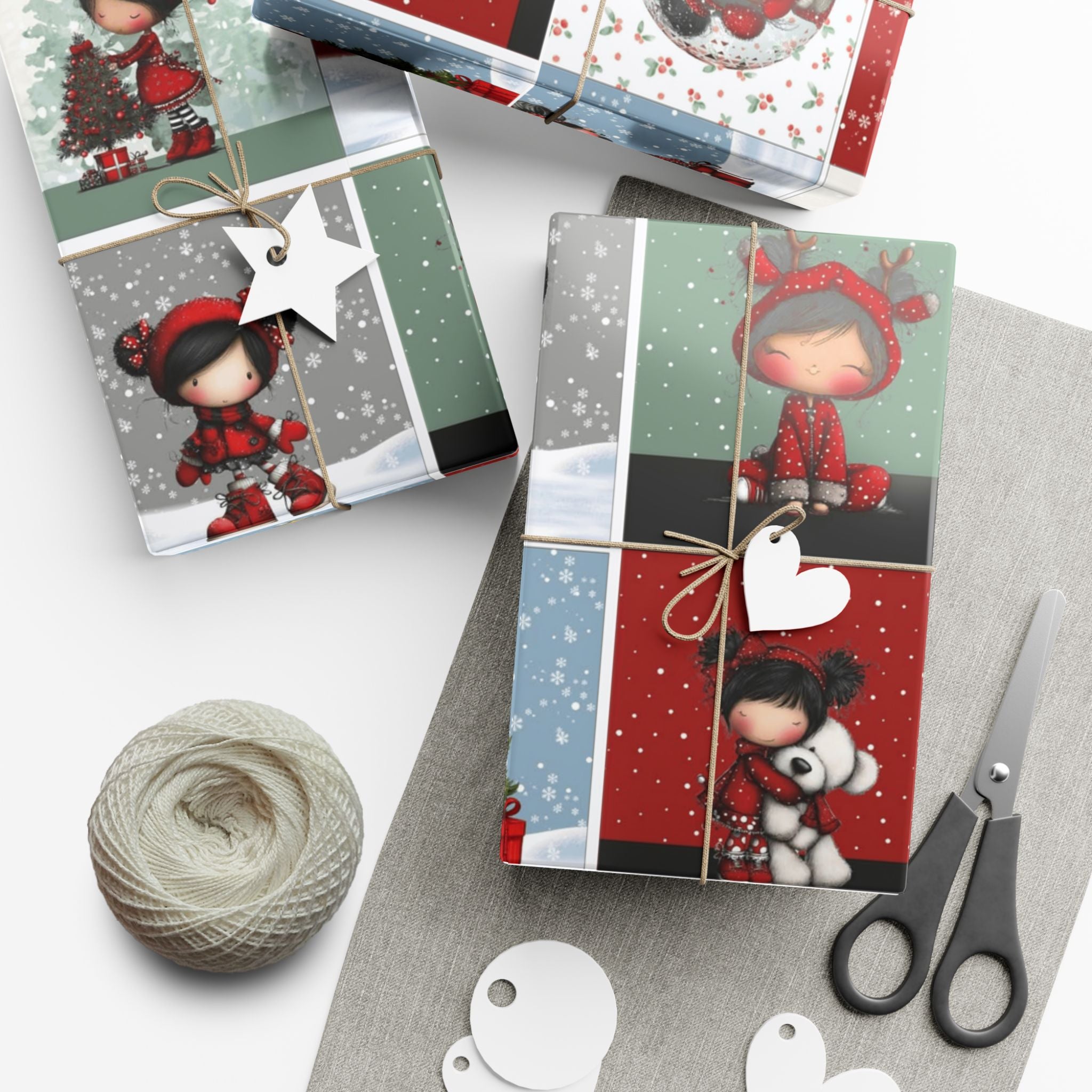 Festive Wrapping Paper Gift Wrap Papers - Cute Holiday Girl Patterned Wrapping Paper Rolls (Snow, Red Bows)