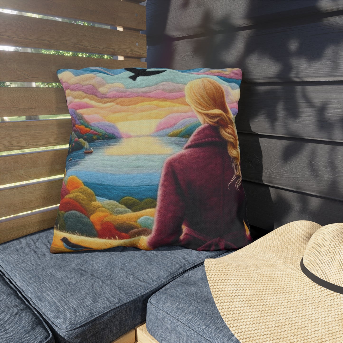 Scenic Lakeview Outdoor Pillow — Woman Overlooking Colorful Sunset Landscape