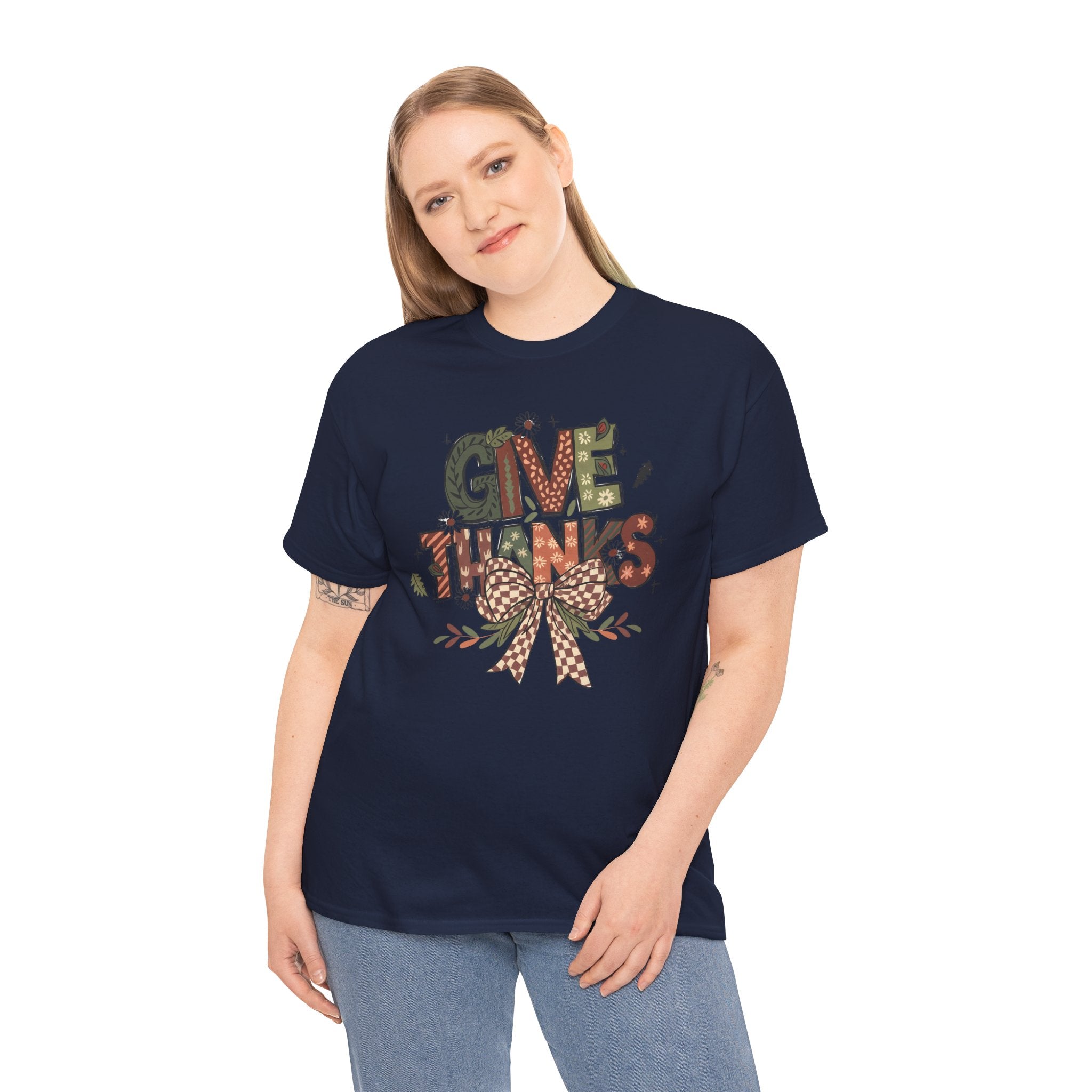 Give Thanks Tee Thanksgiving Graphic T-Shirt with Rustic Bow Design