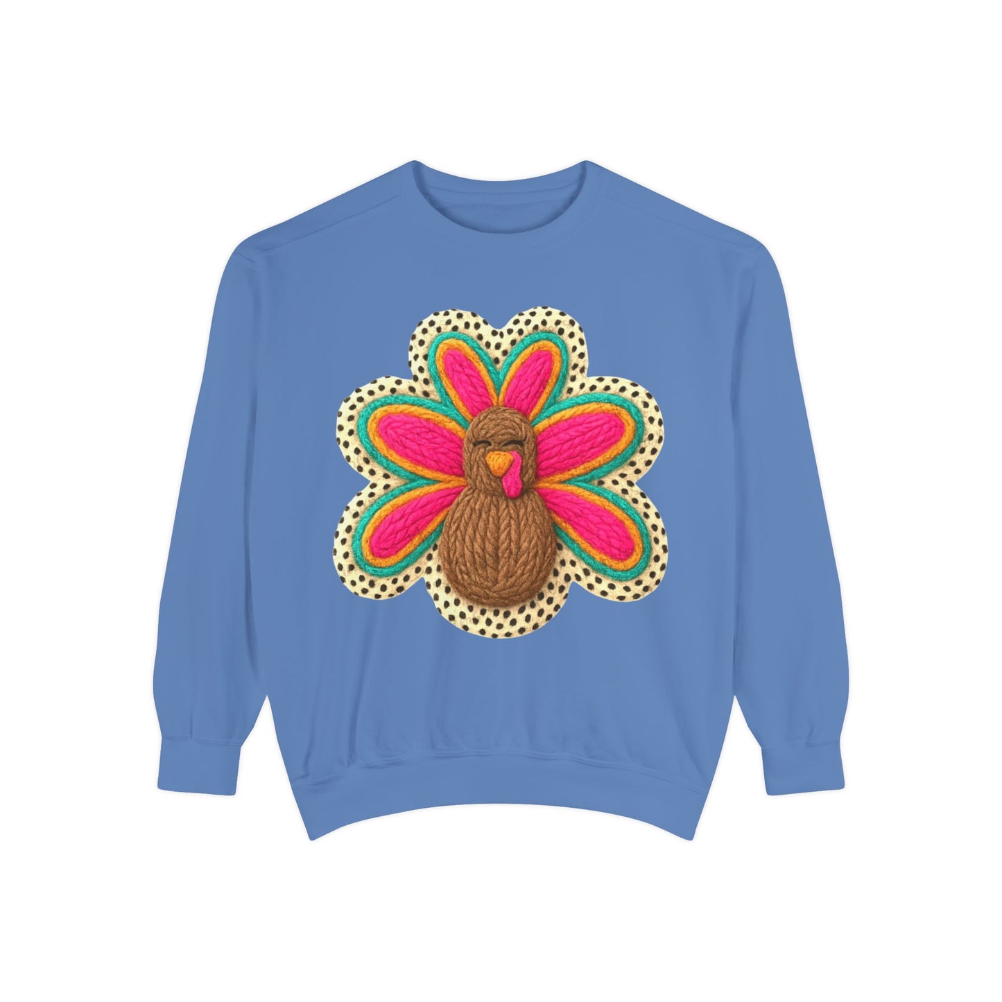 Festive Holiday Designs Turkey Patch Sweatshirt — Colorful Embroidered Thanksgiving Pullover
