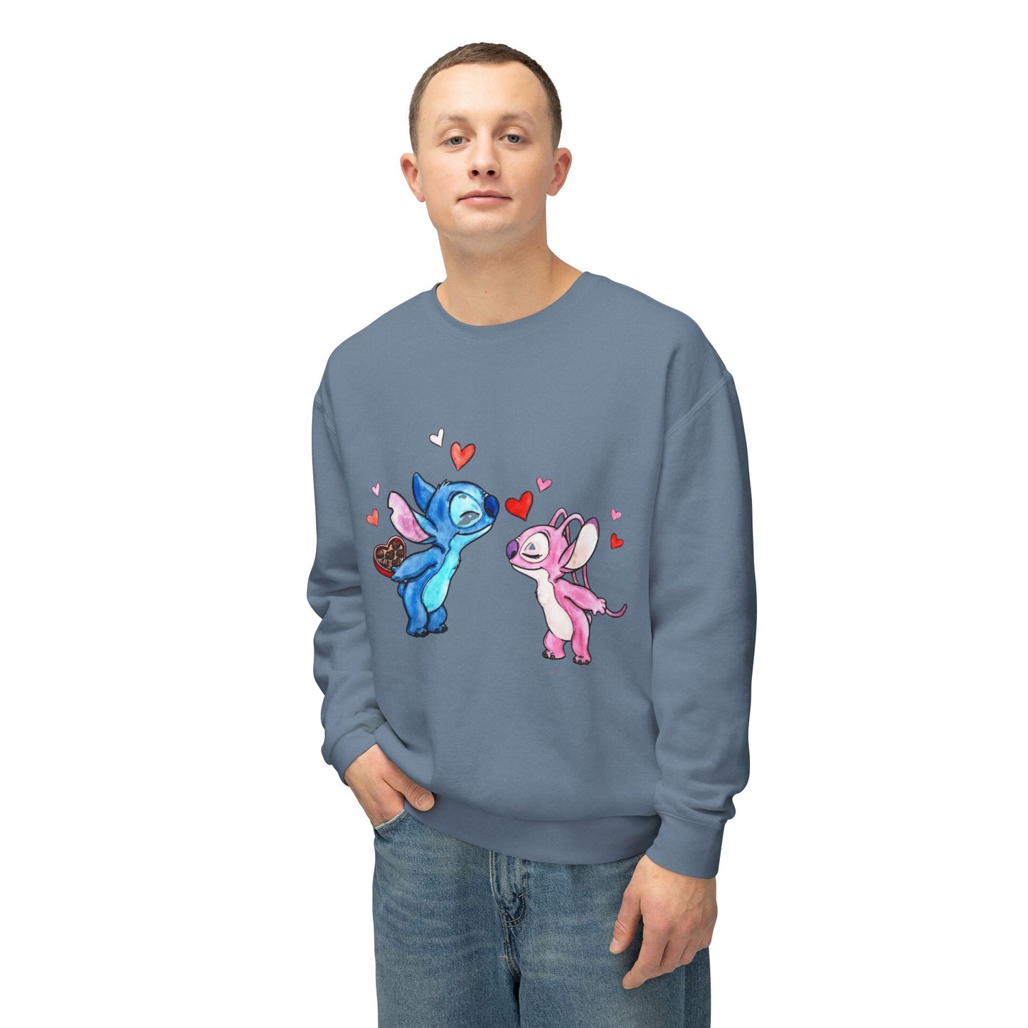 Cute Stitch Valentine Sweatshirt — Blue & Pink Love Characters with Hearts