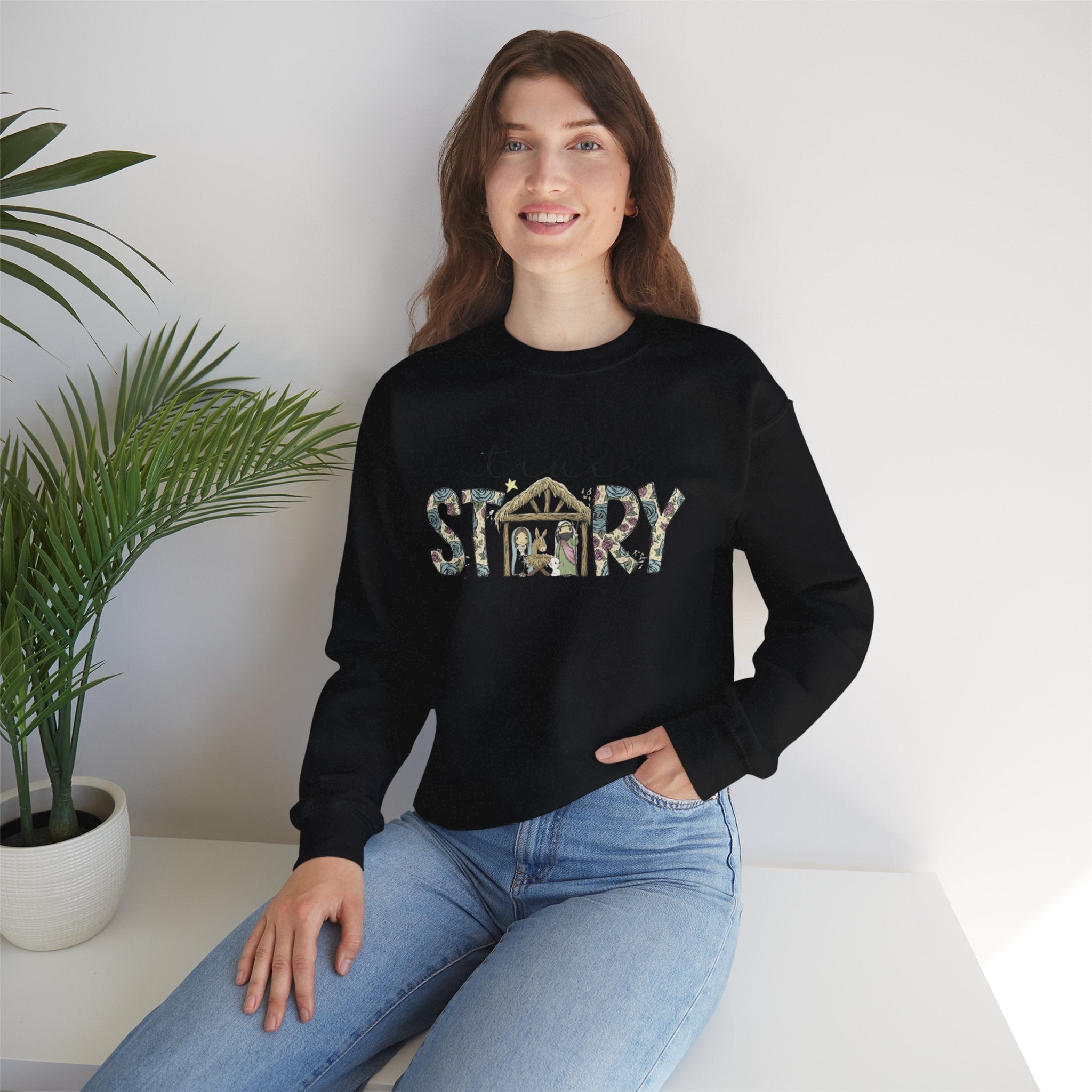 Crewneck Sweatshirt "Come Story" Floral Nativity Design  Cozy Christmas Pullover unique festive designs and joyful