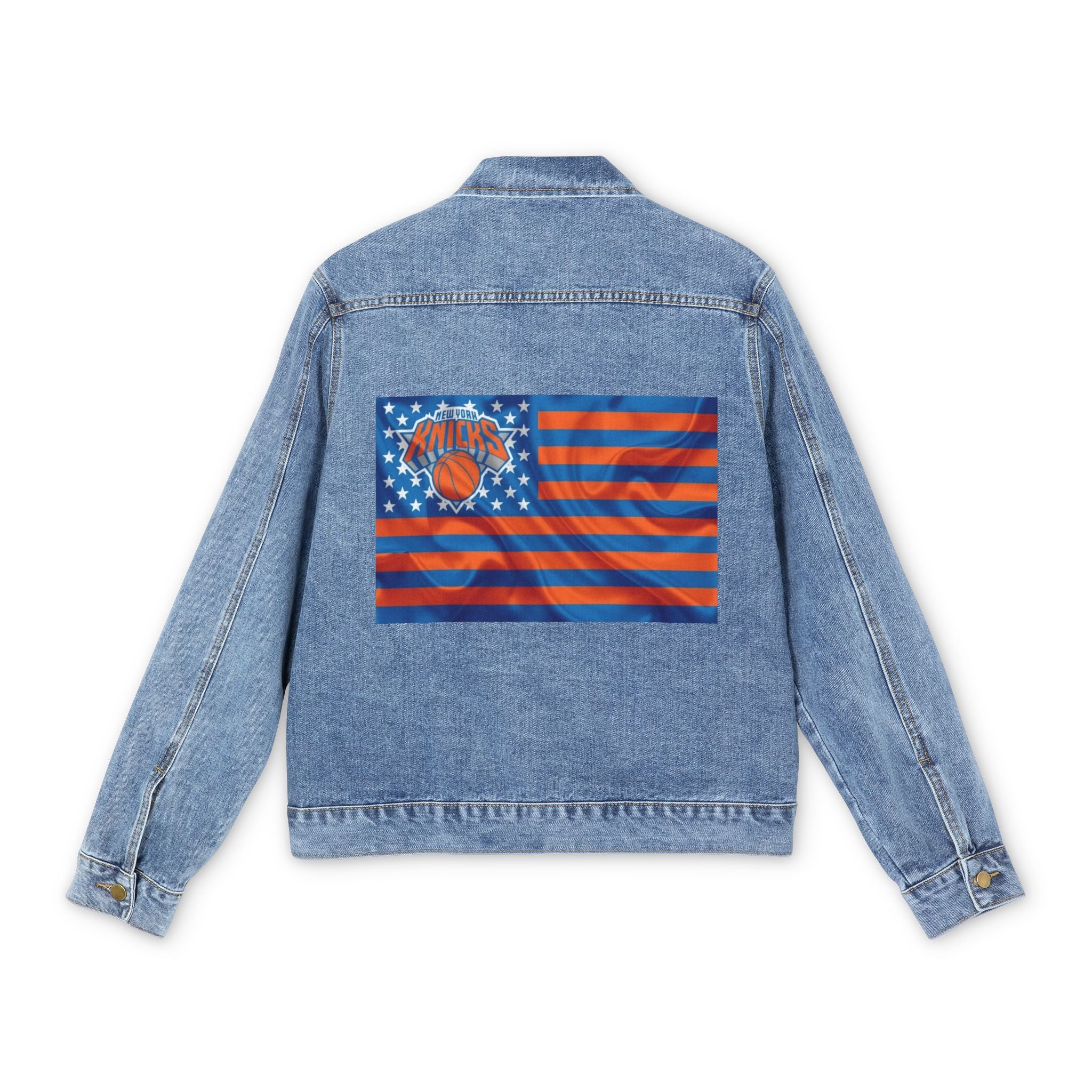 NY K American Flag Basketball-Inspired Denim Jacket — Men's Retro Sports Jean Jacket