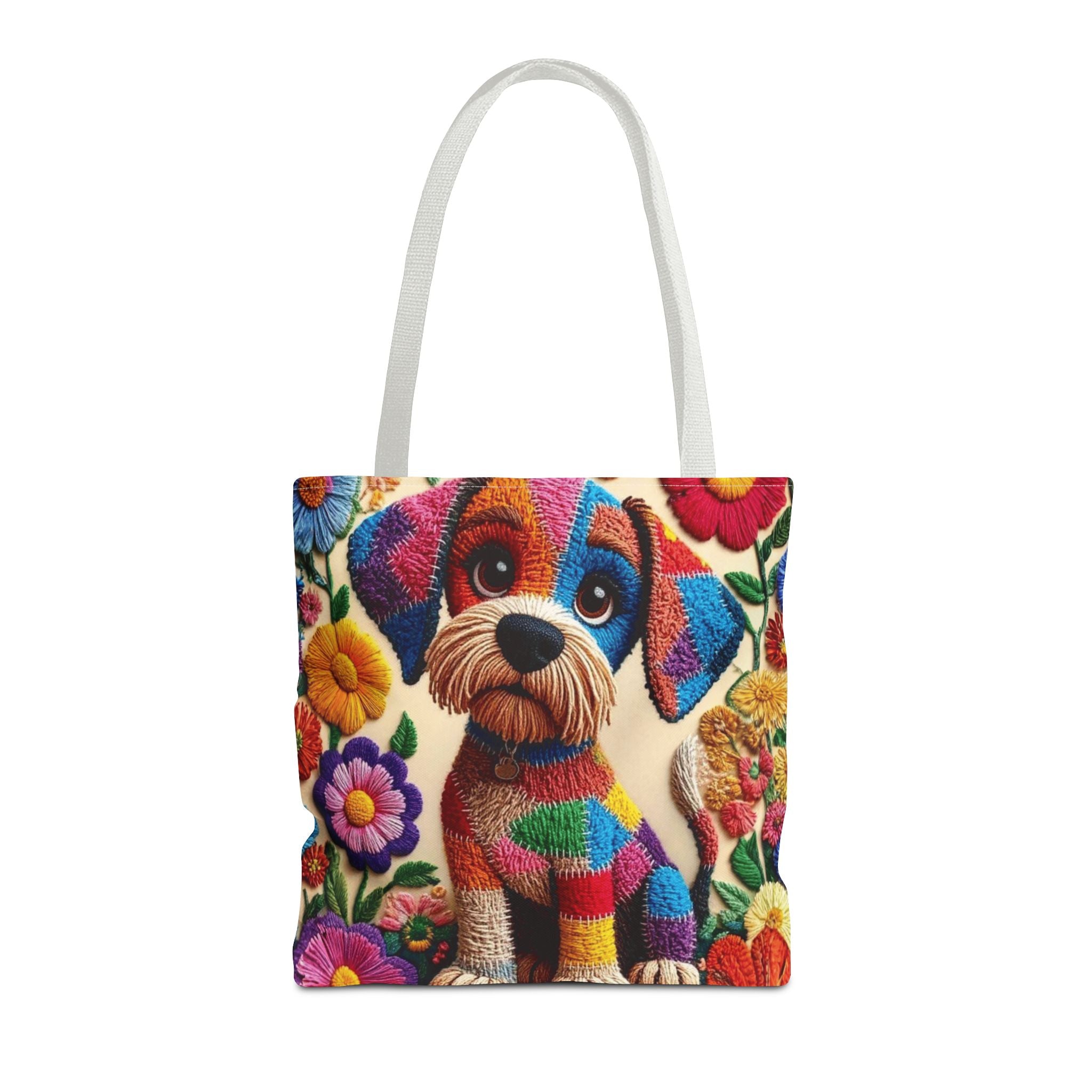 Colorful Patchwork Puppy Tote Bag — Cute Dog Floral AOP Shopper Crochet-Decorated Tote Bags