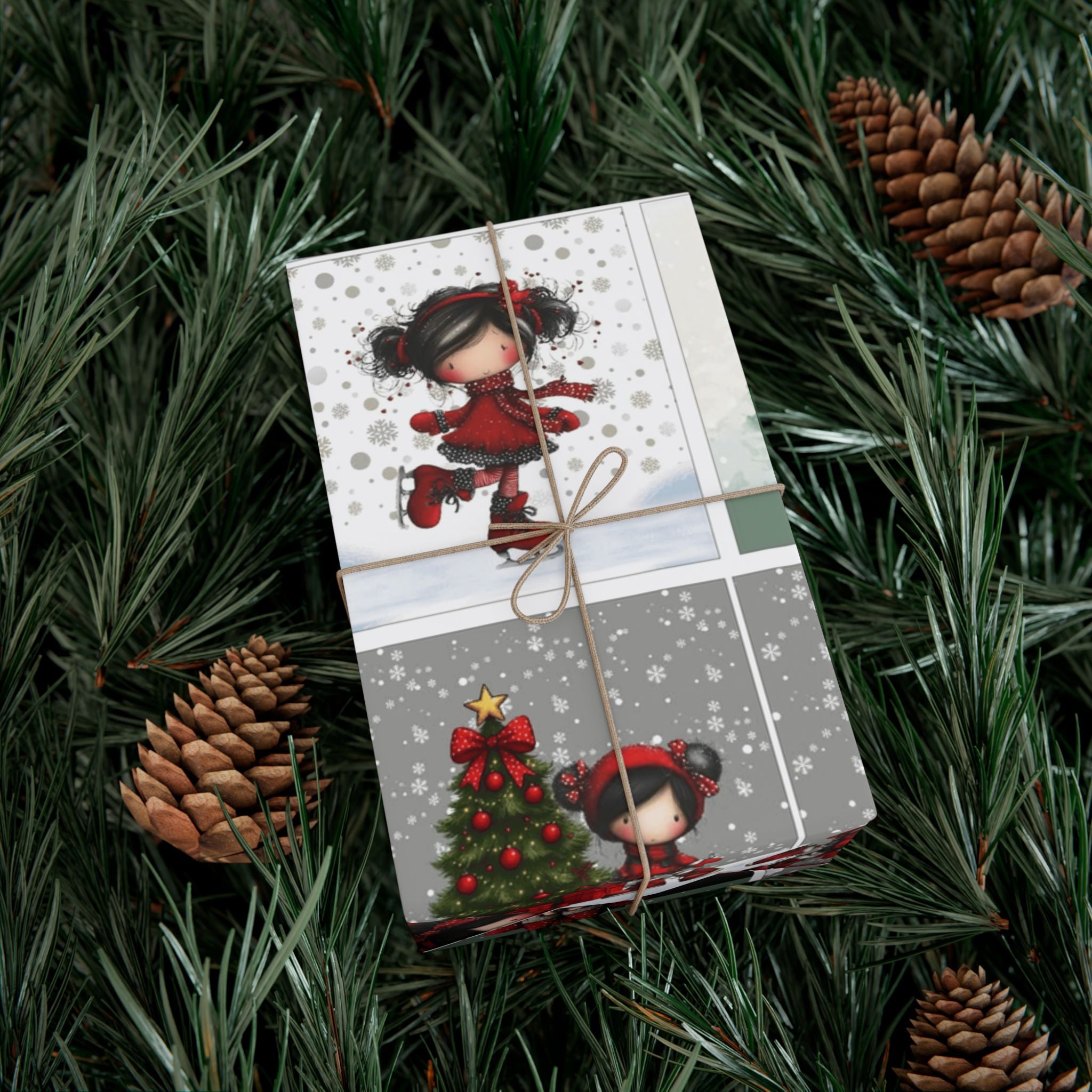 Festive Wrapping Paper Gift Wrap Papers - Cute Holiday Girl Patterned Wrapping Paper Rolls (Snow, Red Bows)