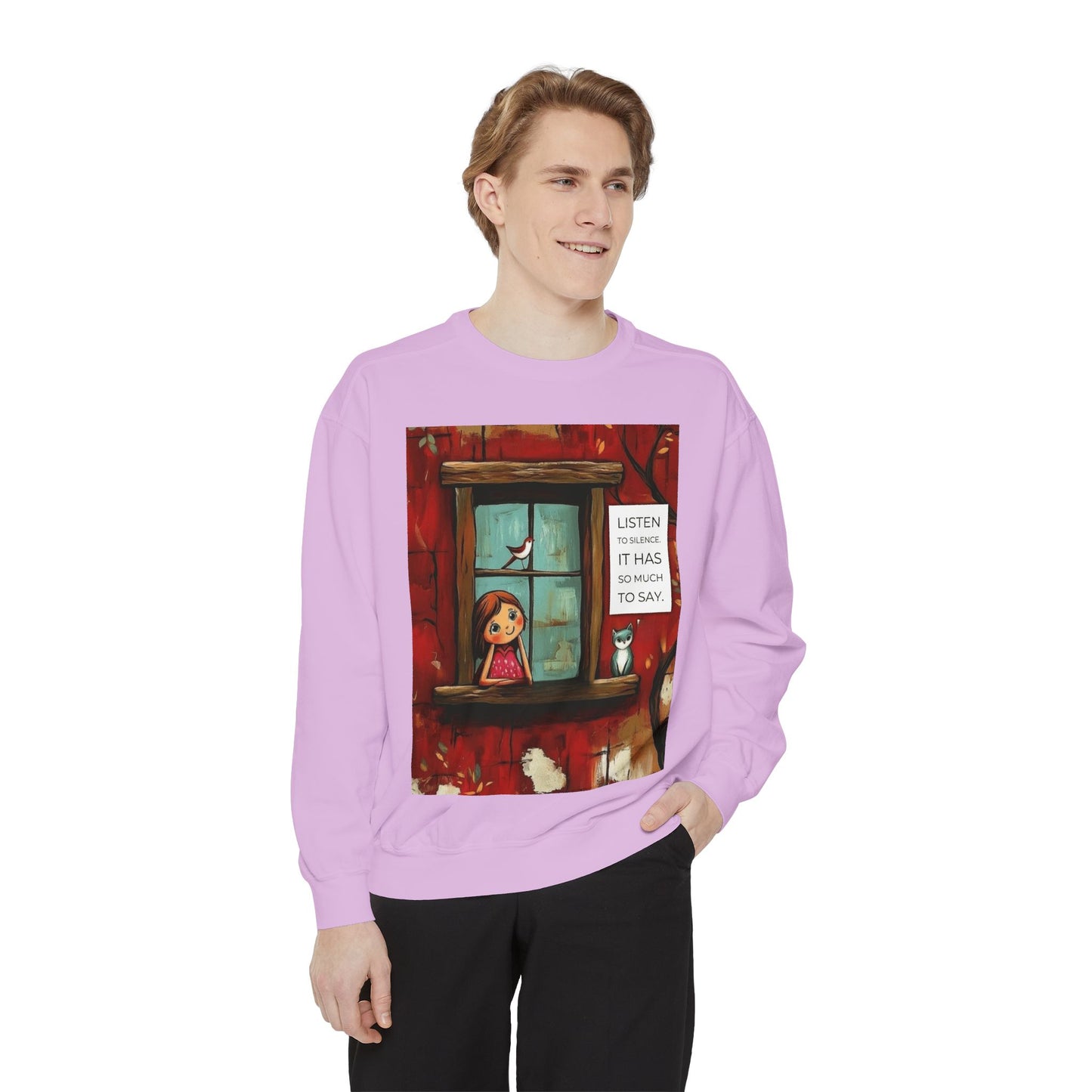 Cozy Window Scene Sweatshirt  "Listen, It Has So Much to Say" Graphic
