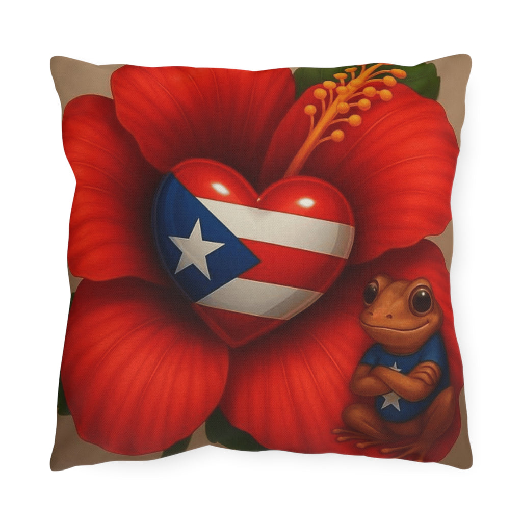 Puerto Rico Heart Flag Outdoor Pillow — Coquí & Hibiscus Patio Cushion Puerto Rico Culture Pillow