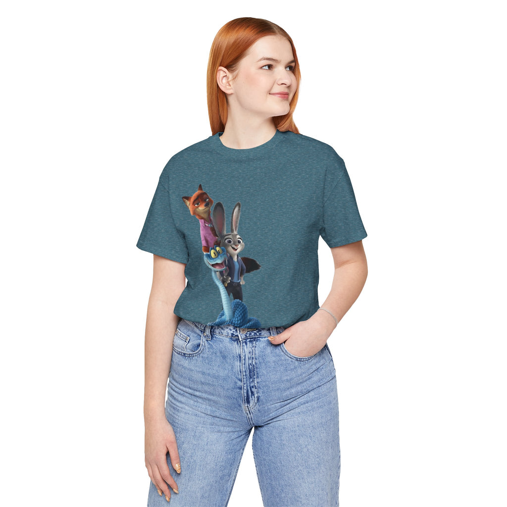 Animated Character Tee — Cute Fox & Bunny Stack Graphic T-Shirt  cartoon-style Christmas artwork