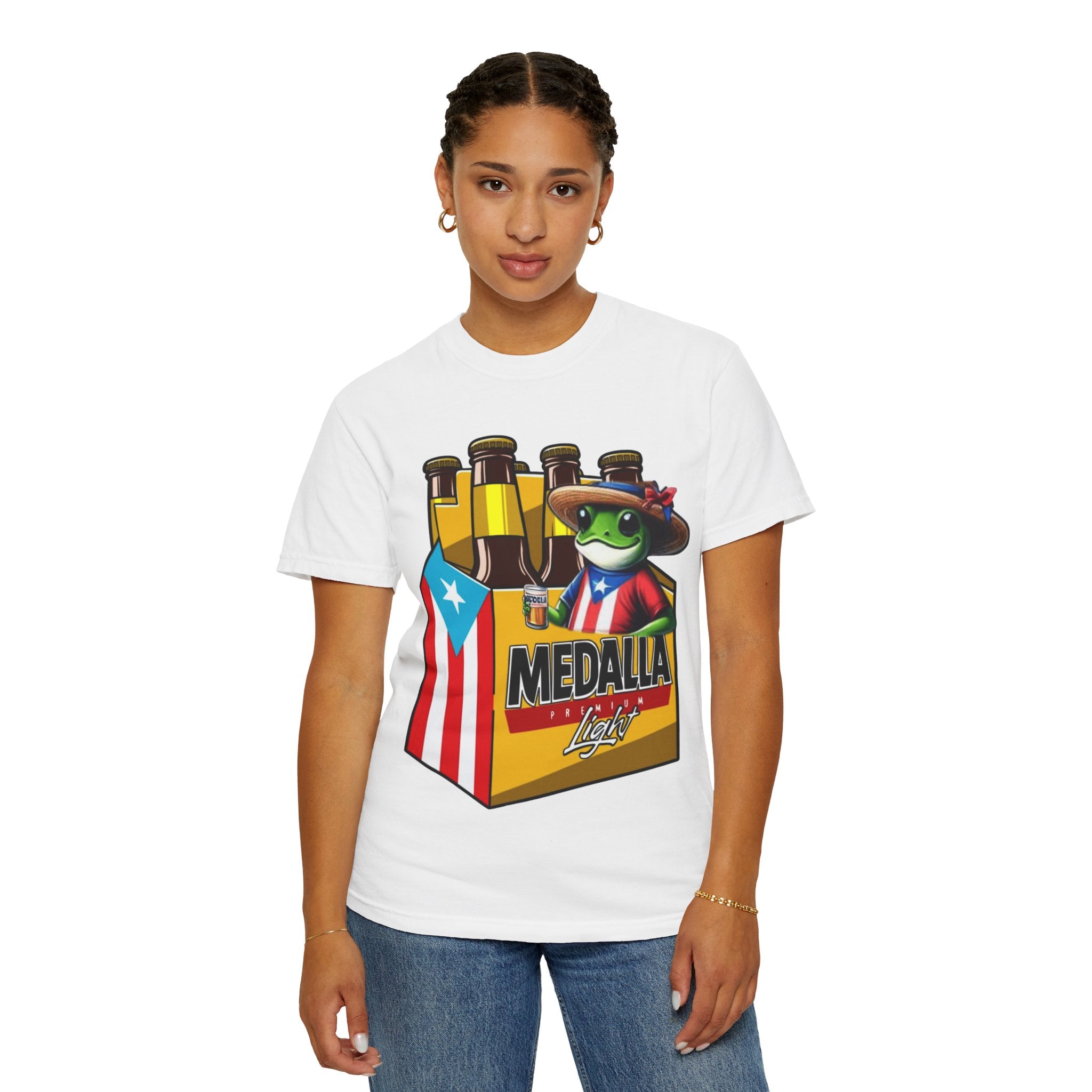 Medalla Light Puerto Rican Beer T-Shirt Coqui Frog Mascot Six-Pack Graphic Tee Puerto Rico’s Navidades