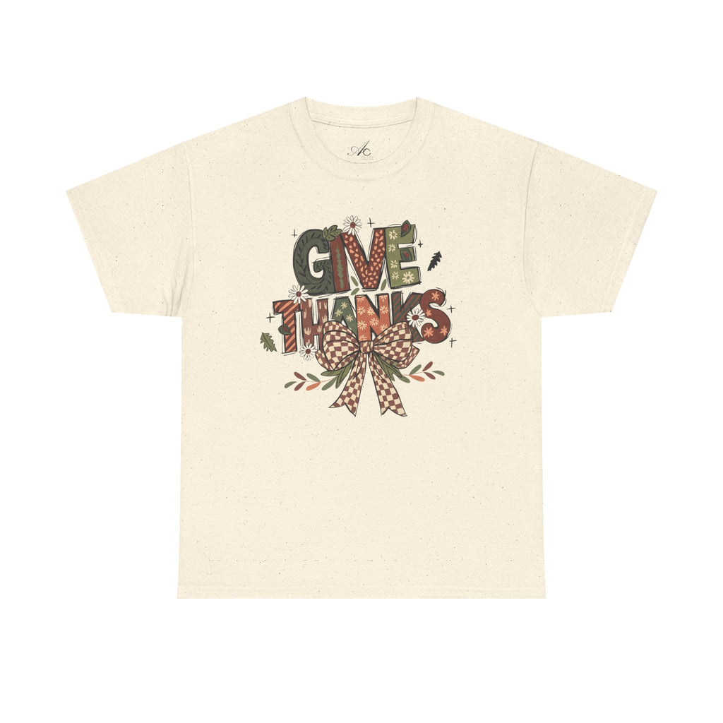 Give Thanks Tee Thanksgiving Graphic T-Shirt with Rustic Bow Design