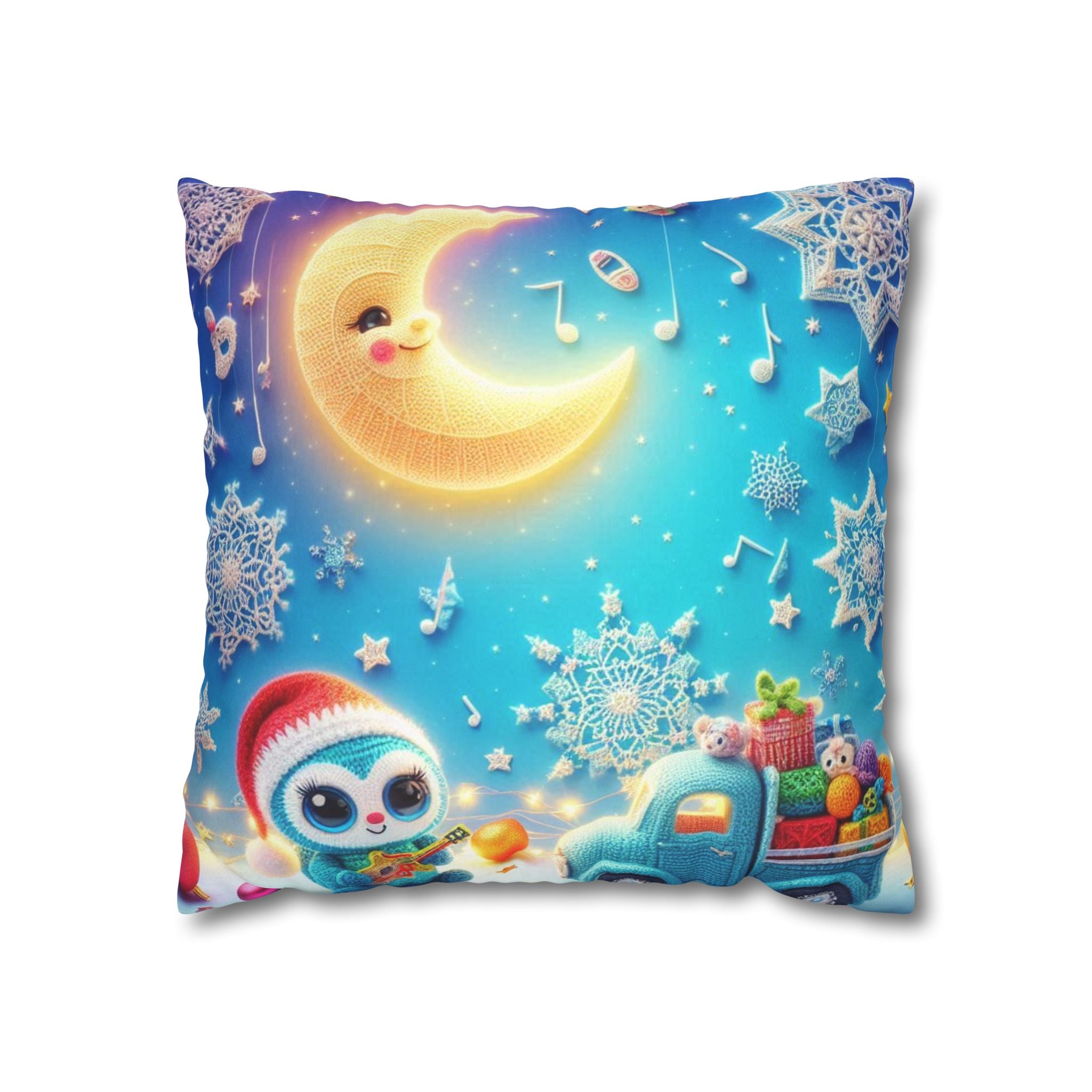 Whimsical Moon & Penguin Holiday Pillowcase  Faux Suede Square Throw Pillow