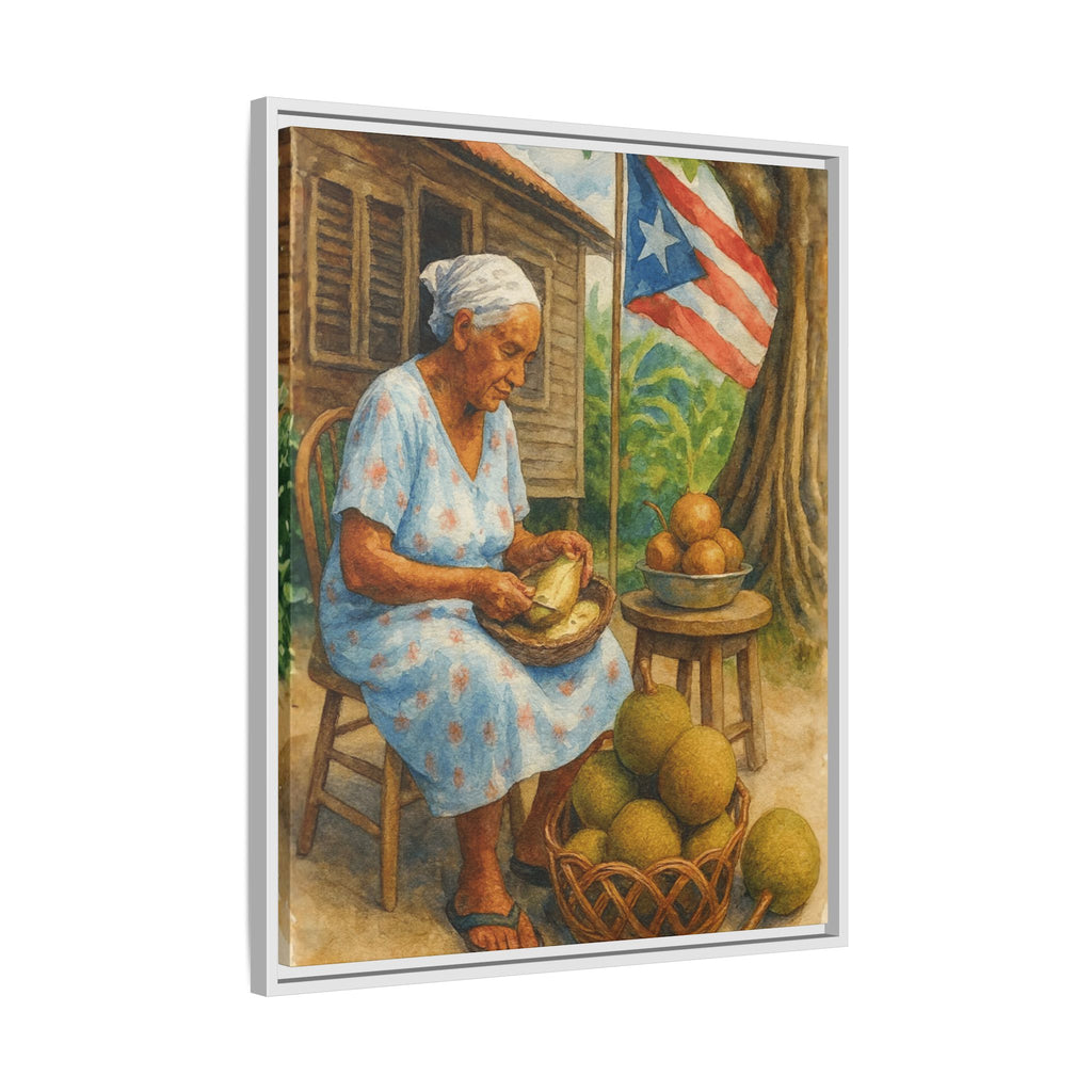Cultural & Story-Driven These Puerto Rico inspired  Framed Matte Canvas Print  Woman Shelling Fruit Vintage Tropical Painting