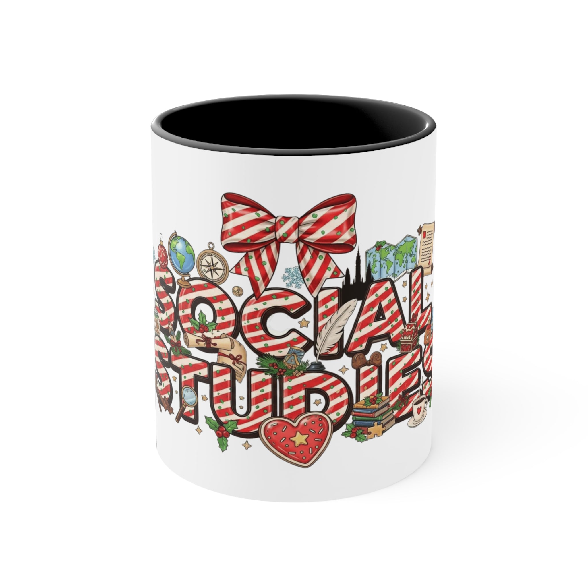 Social Studies Teacher Christmas Mug, Festive Candy-Stripe Holiday Coffee Cup School Staff Christmas Mug Collection,