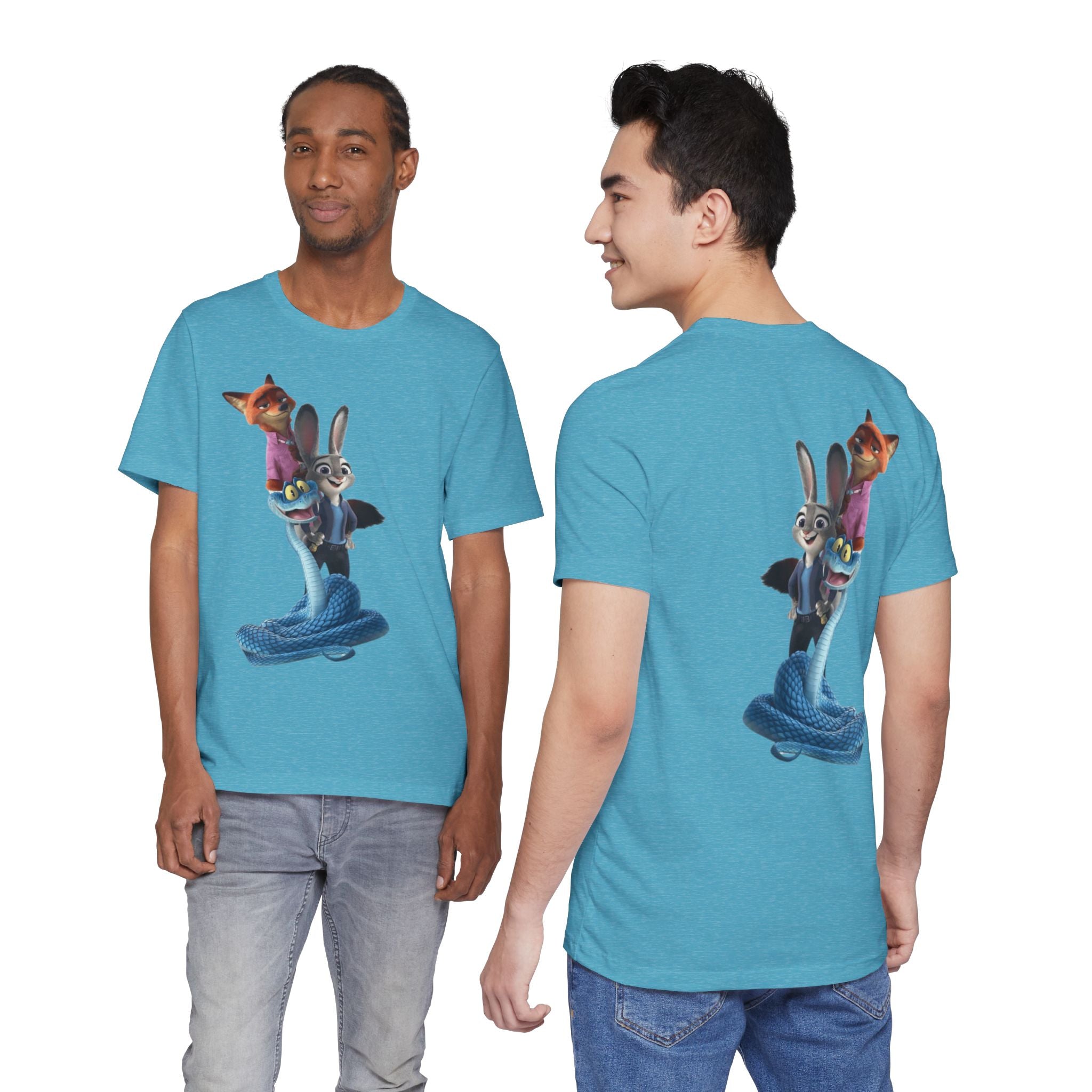Animated Character Tee — Cute Fox & Bunny Stack Graphic T-Shirt  cartoon-style Christmas artwork