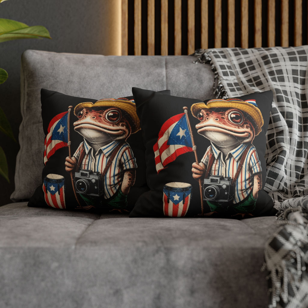 Puerto Rican Flag Frog Faux Suede Pillowcase  Tourist Toad Camera Design Puerto Rico Culture Pillow