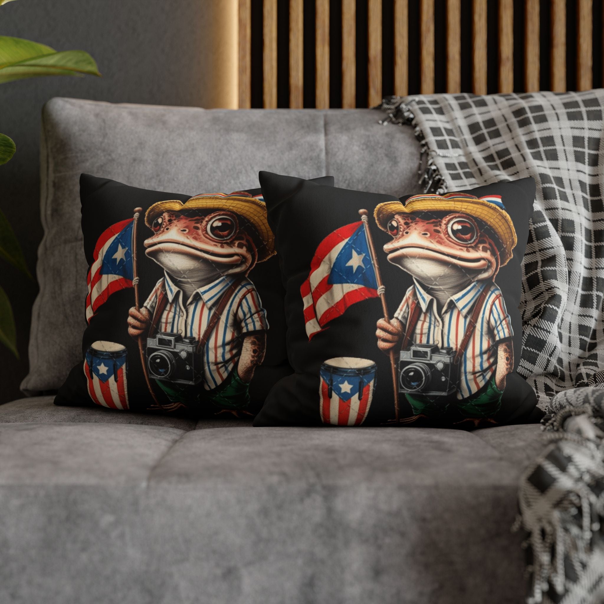 Puerto Rican Flag Frog Faux Suede Pillowcase  Tourist Toad Camera Design Puerto Rico Culture Pillow